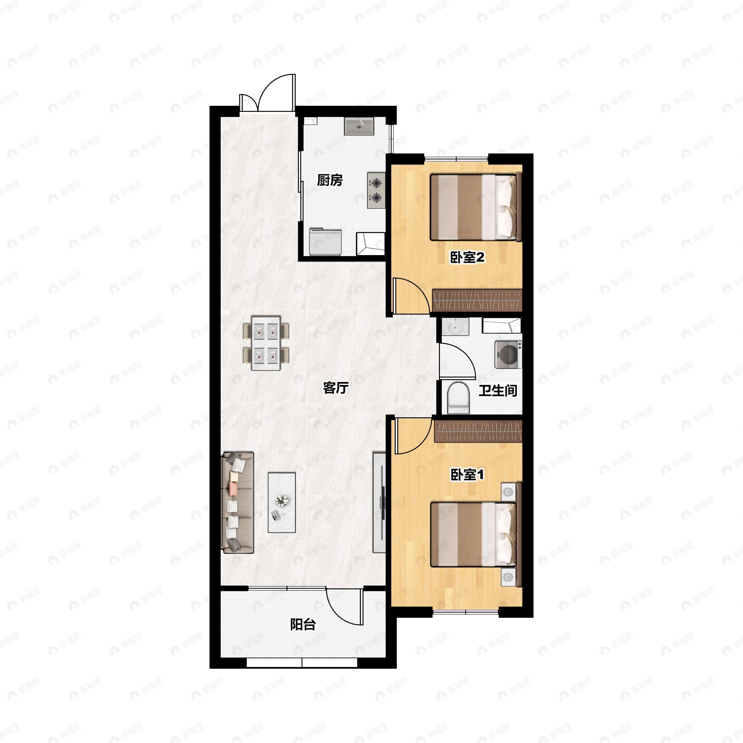 2室2厅1卫建面102m²南|北户型图