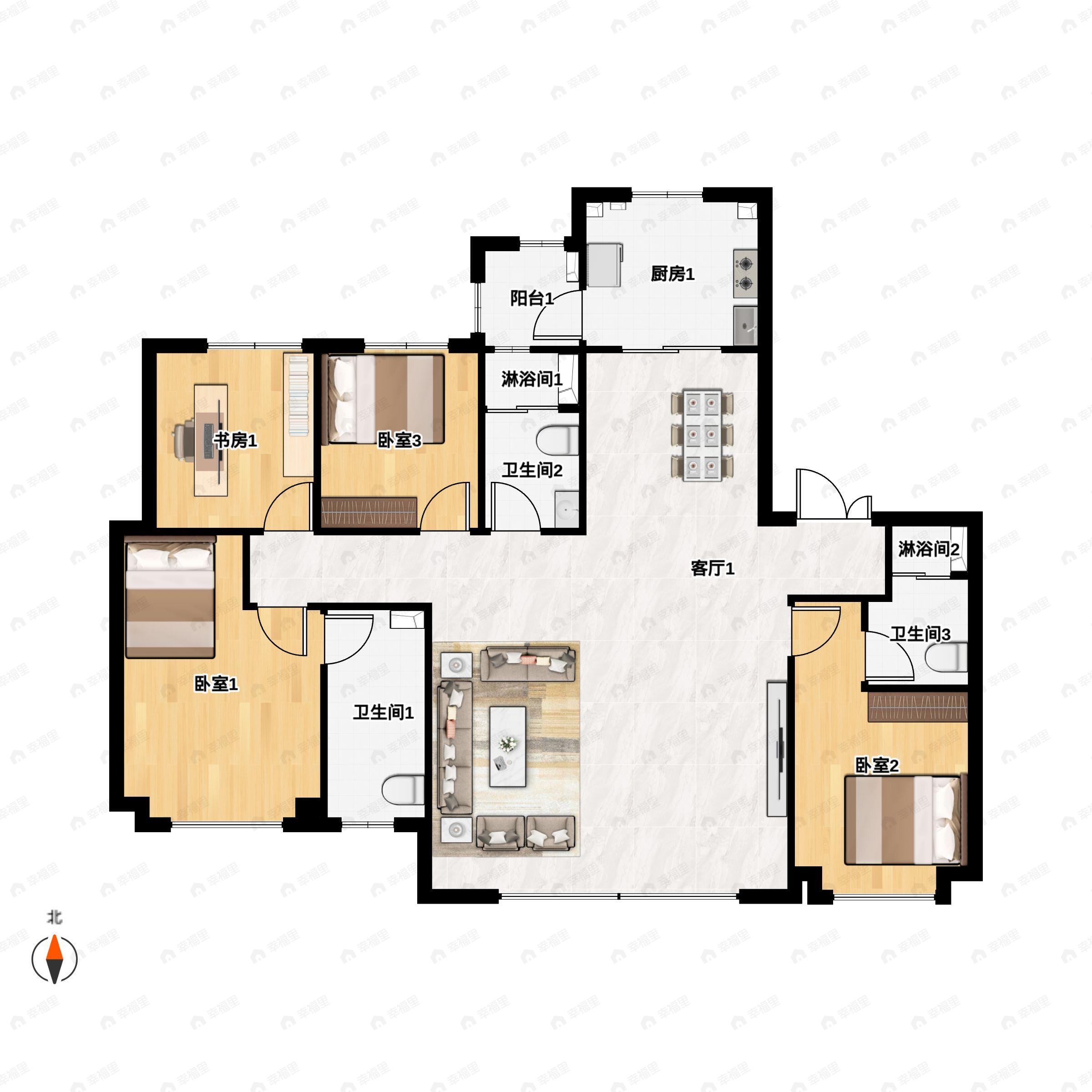 4室2厅3卫建面169平北|南户型图