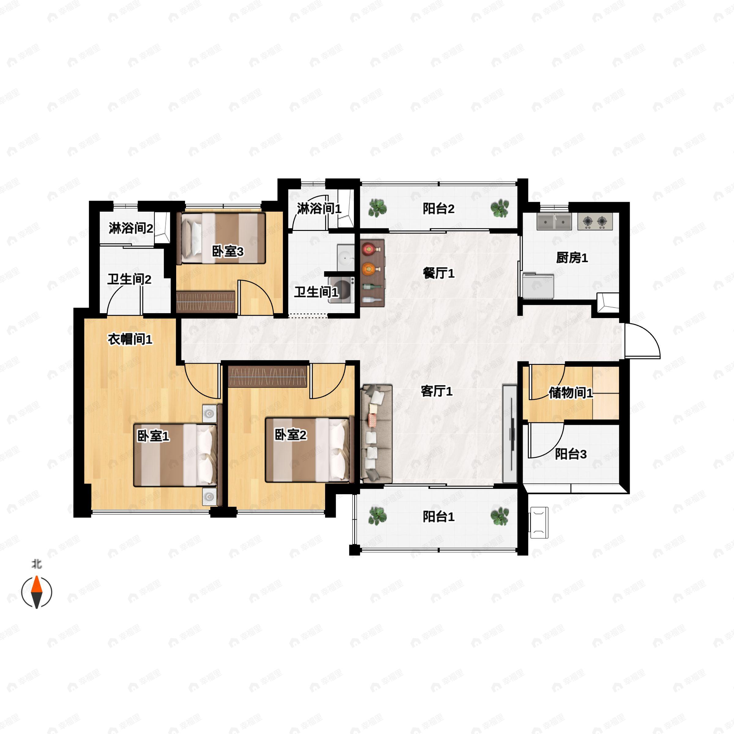 3室2厅2卫建面113平西南|东南户型图
