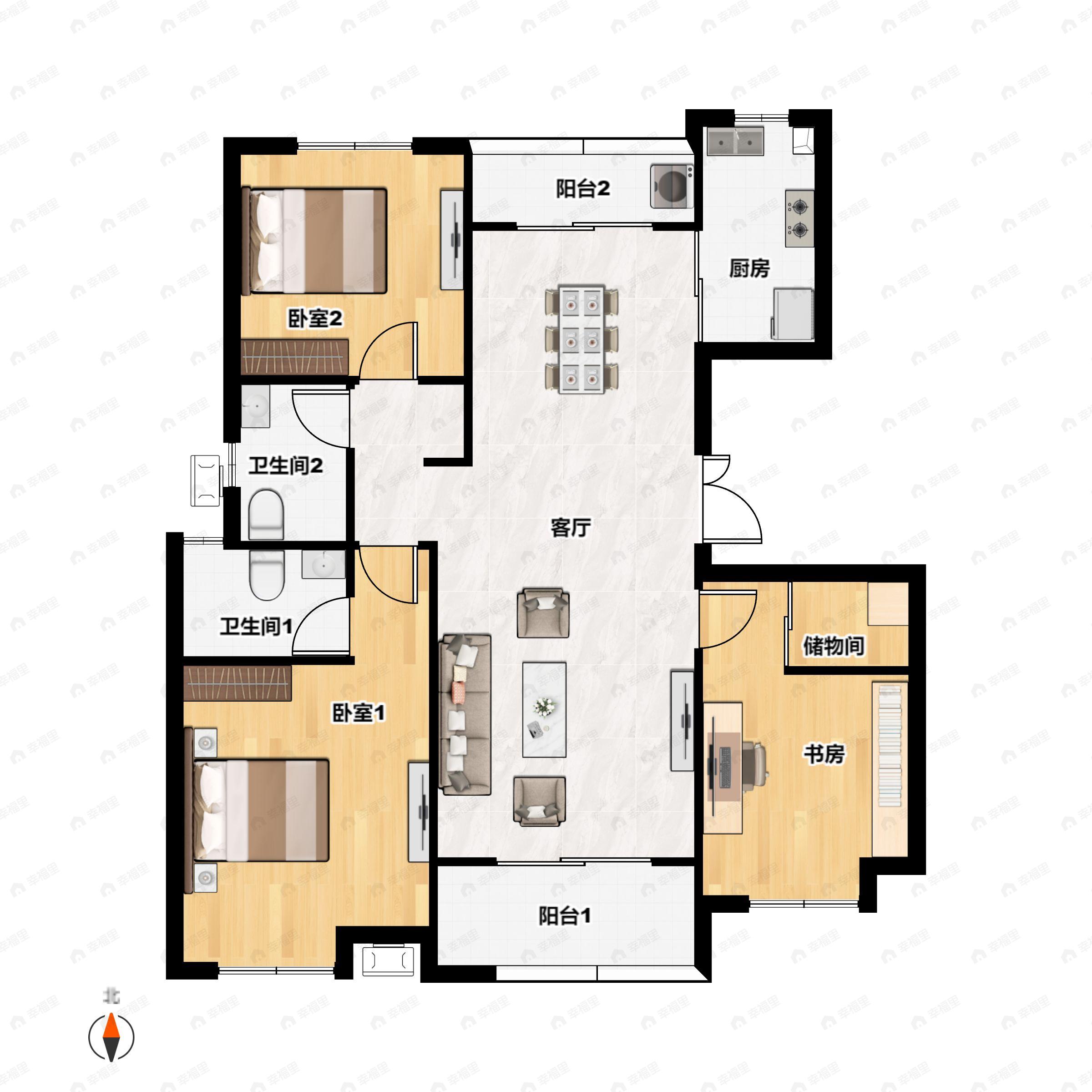 3室2厅2卫建面135m²南户型图