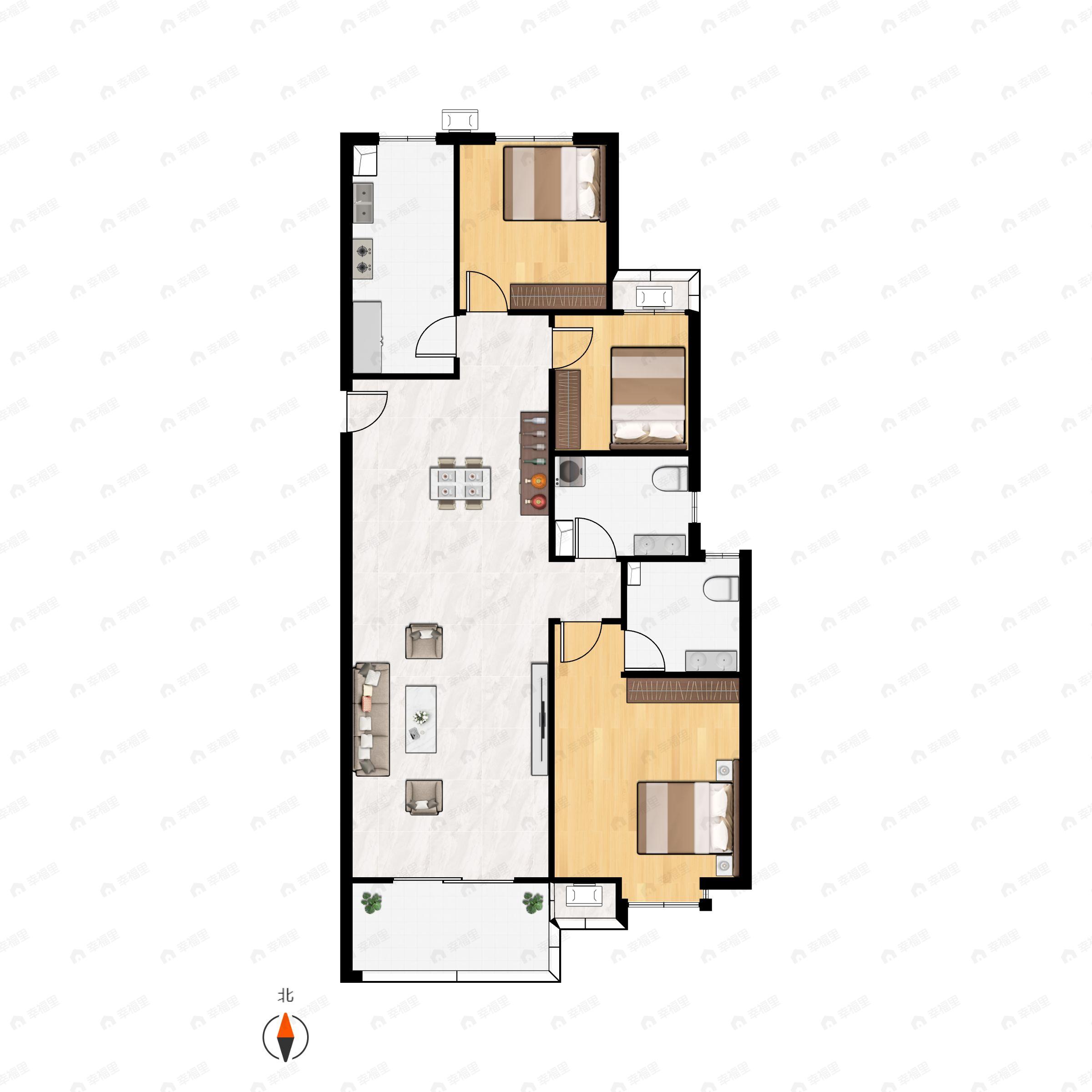 3室2厅2卫建面126平北|南户型图