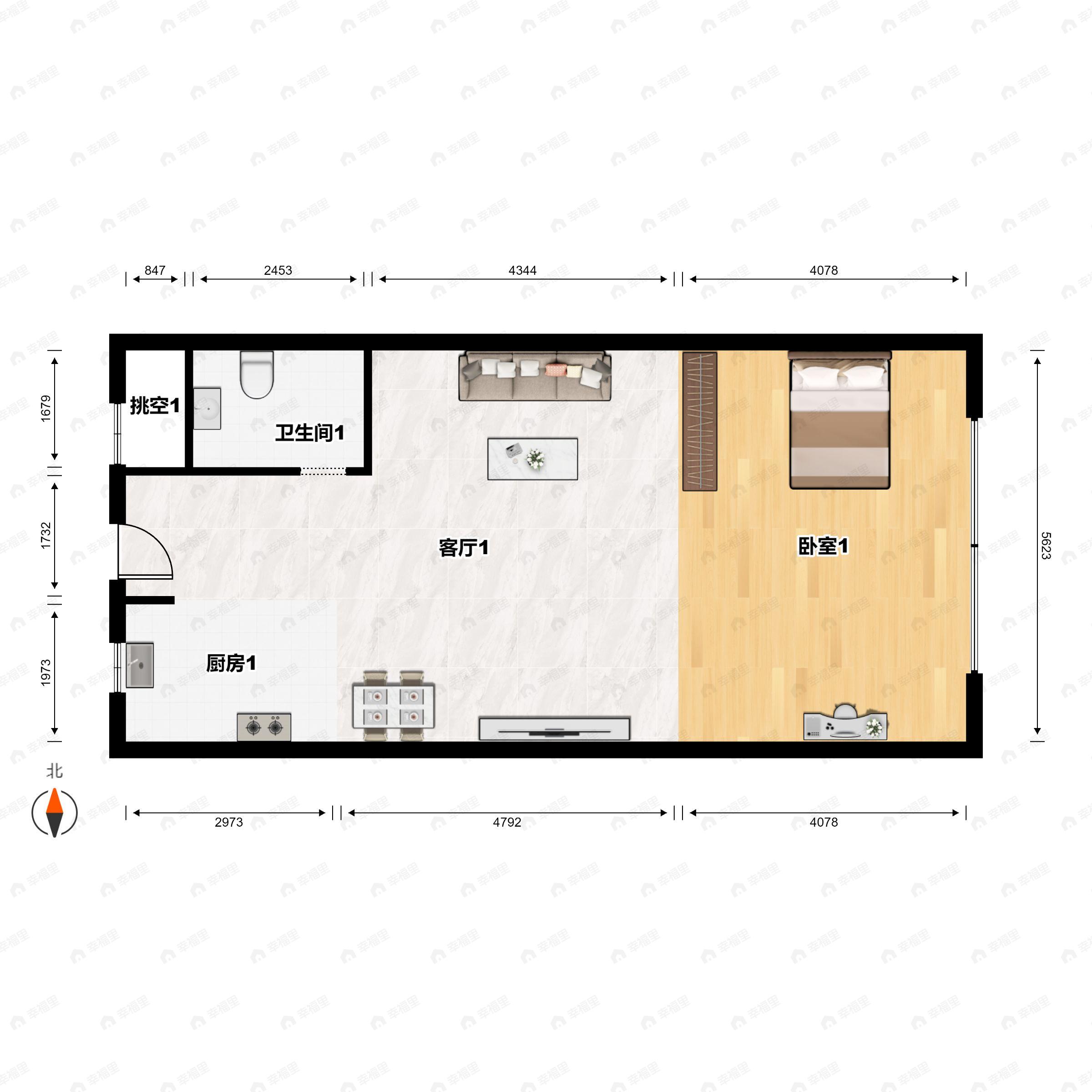 1室1厅1卫建面66m²东户型图