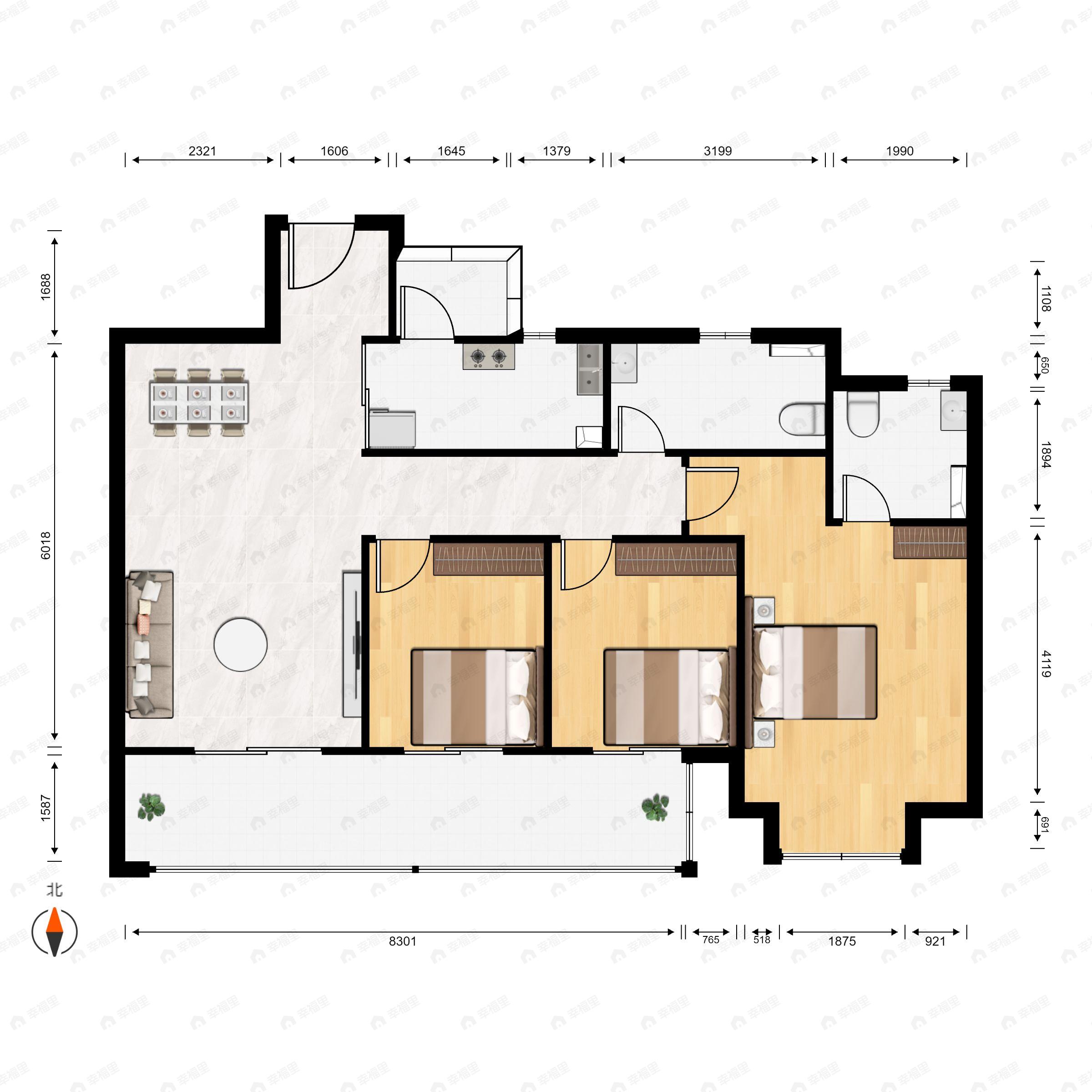 3室2厅2卫建面126平南|北户型图