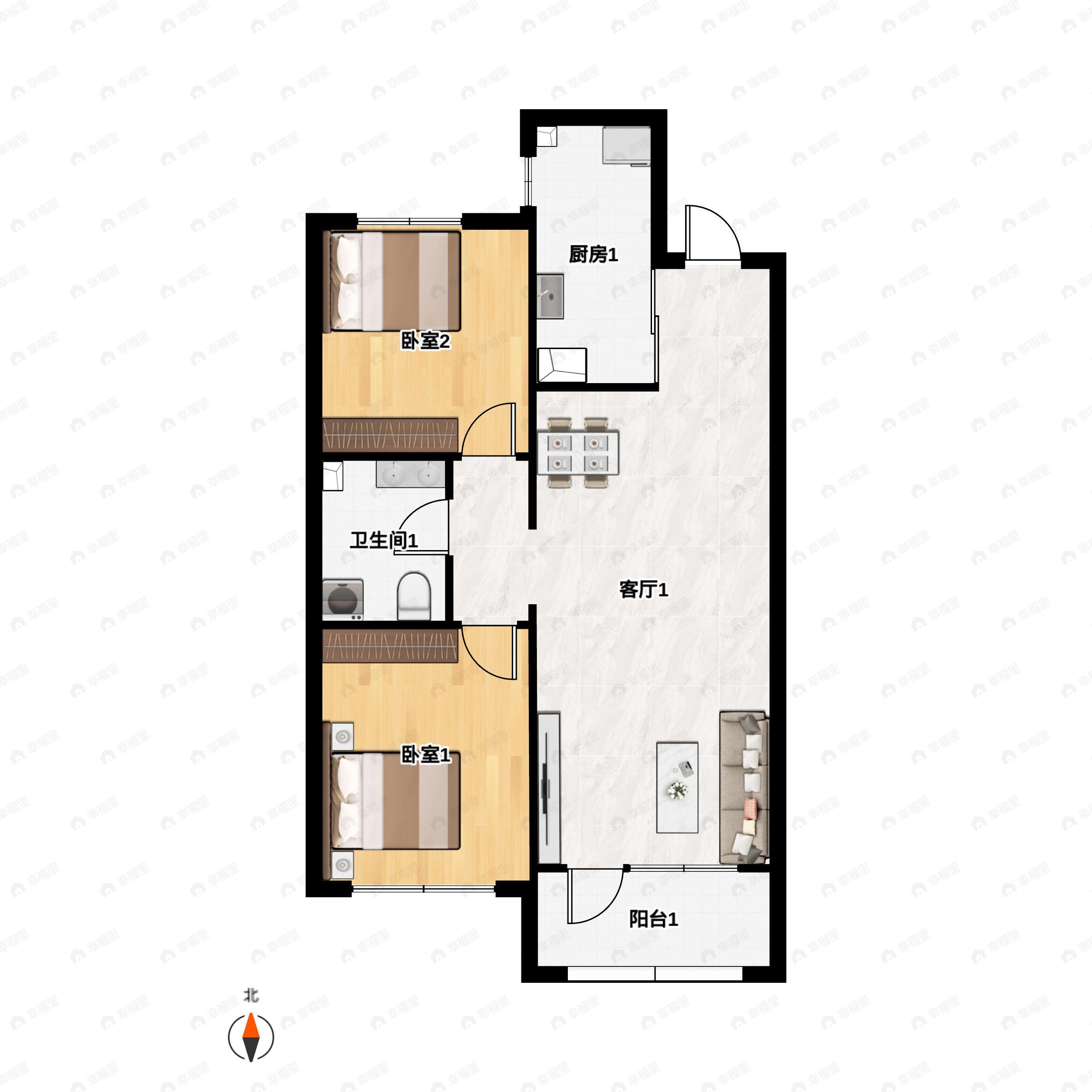 2室2厅1卫建面91m²北|南户型图