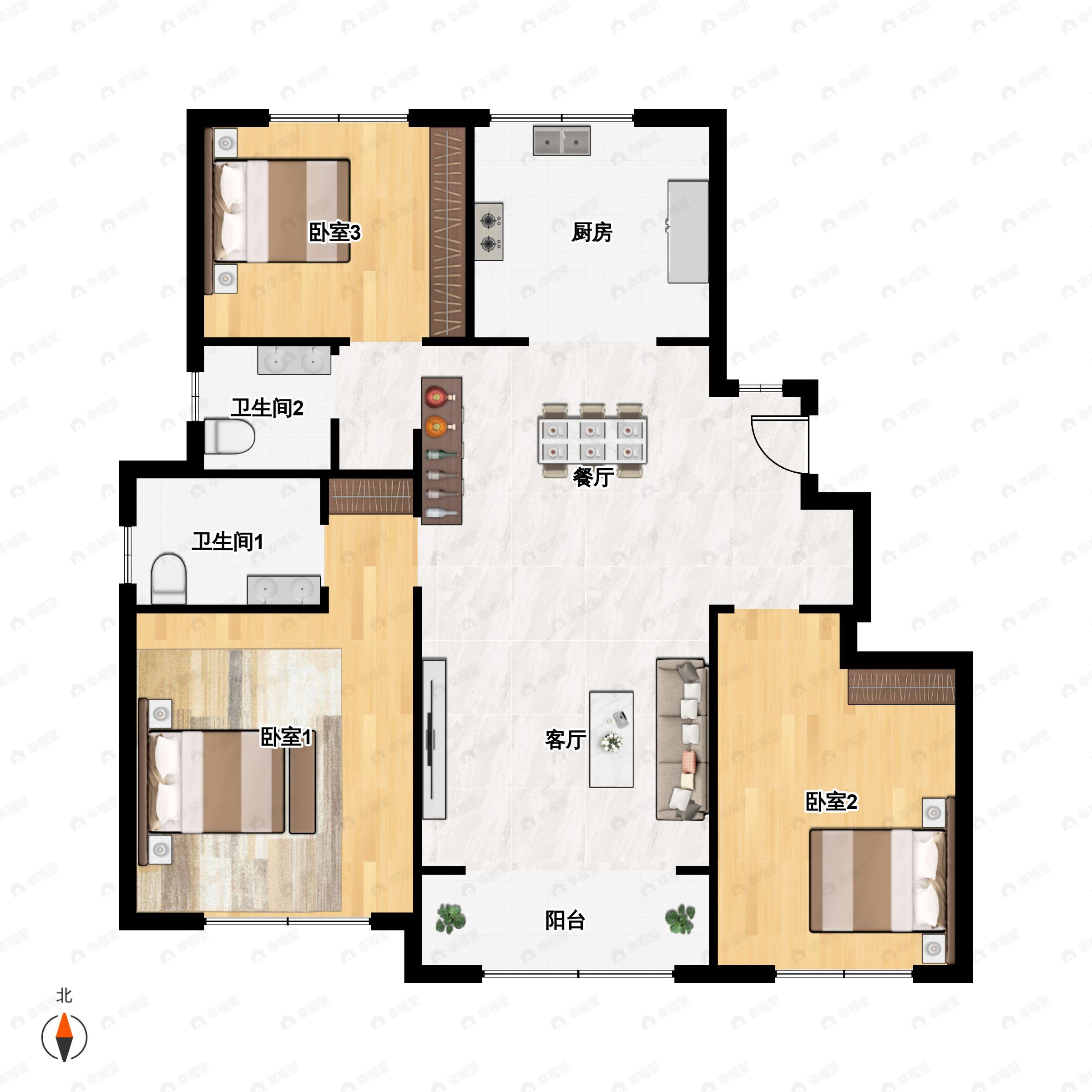 3室2厅2卫建面122平户型图