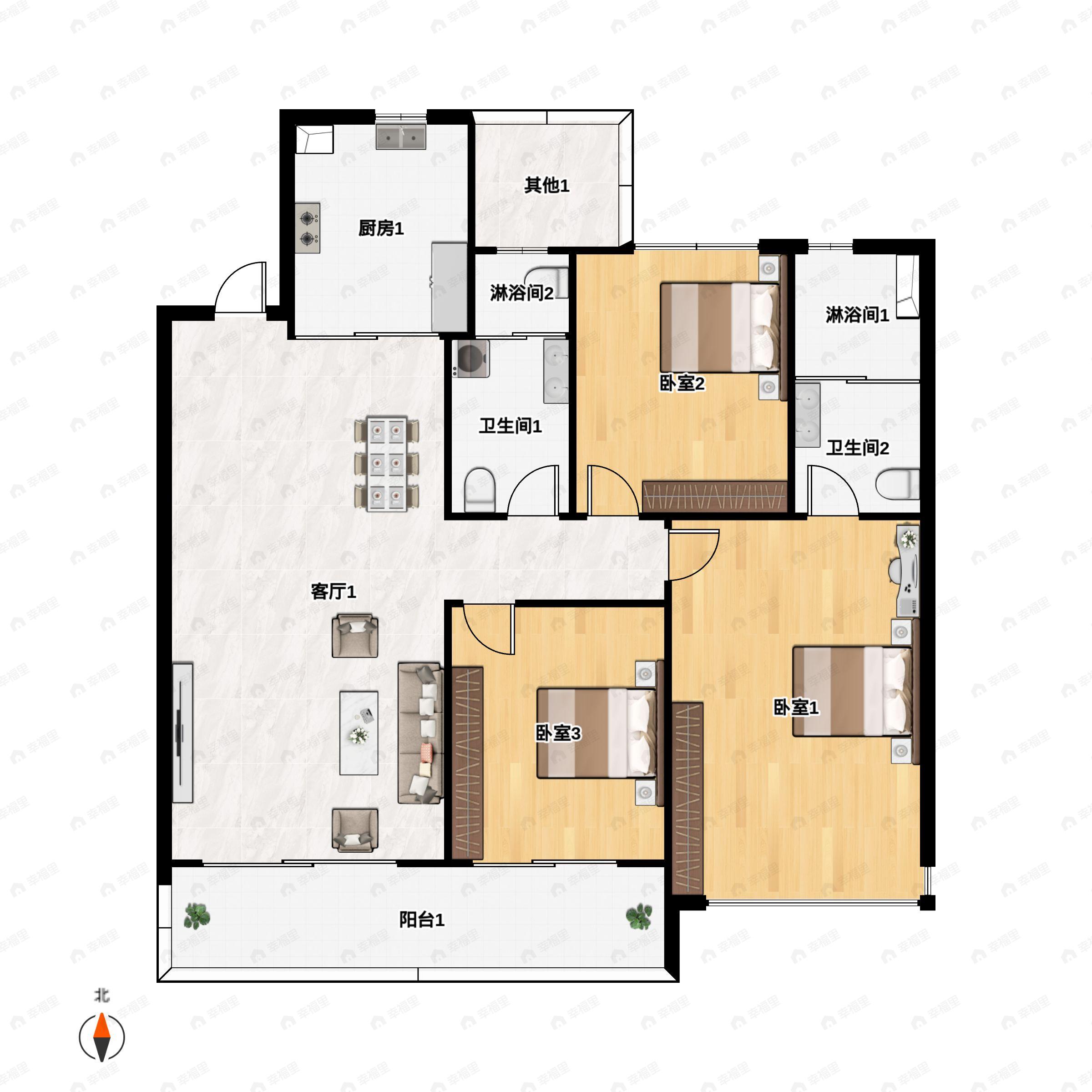 3室2厅2卫建面118m²南户型图