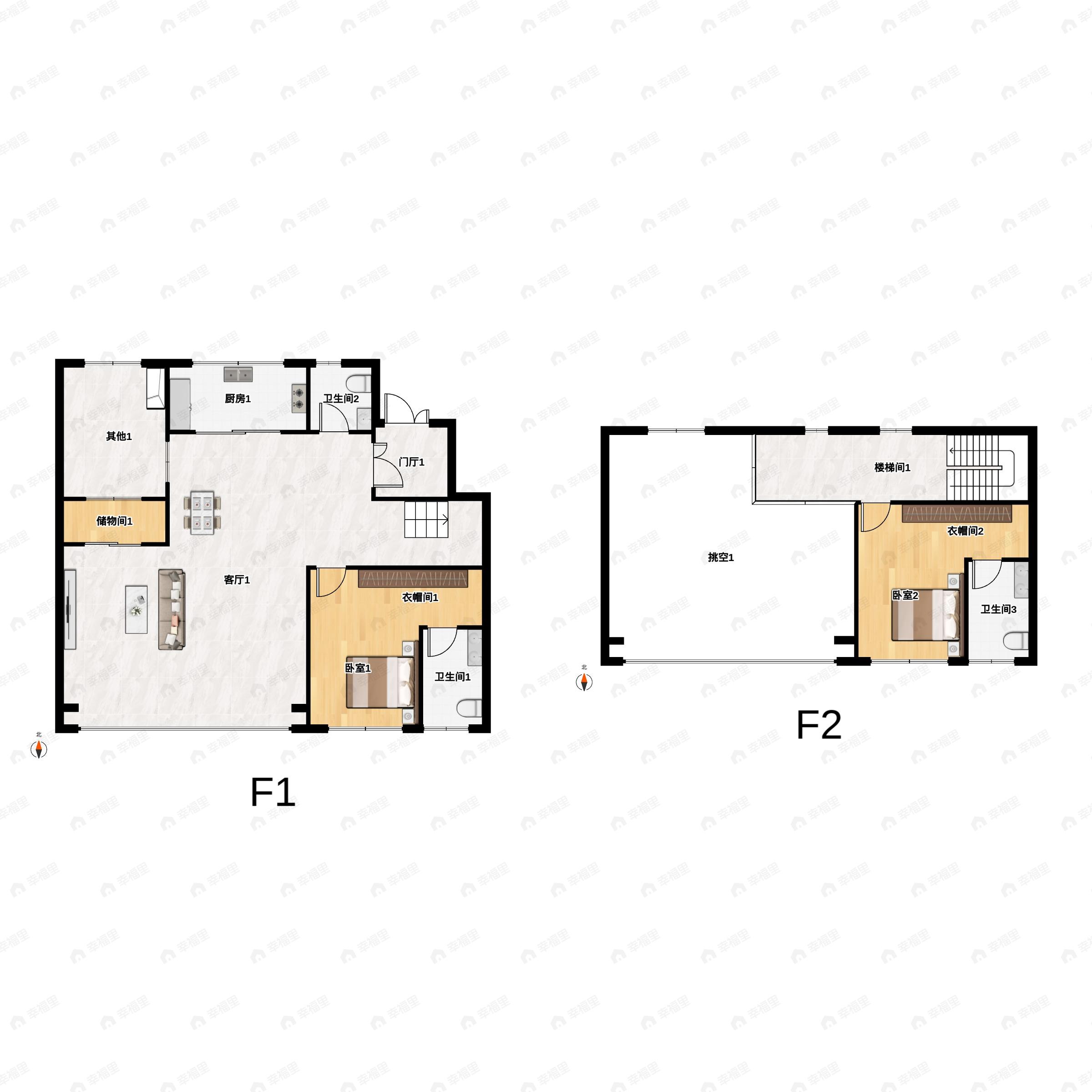 2室2厅3卫建面163m²南户型图