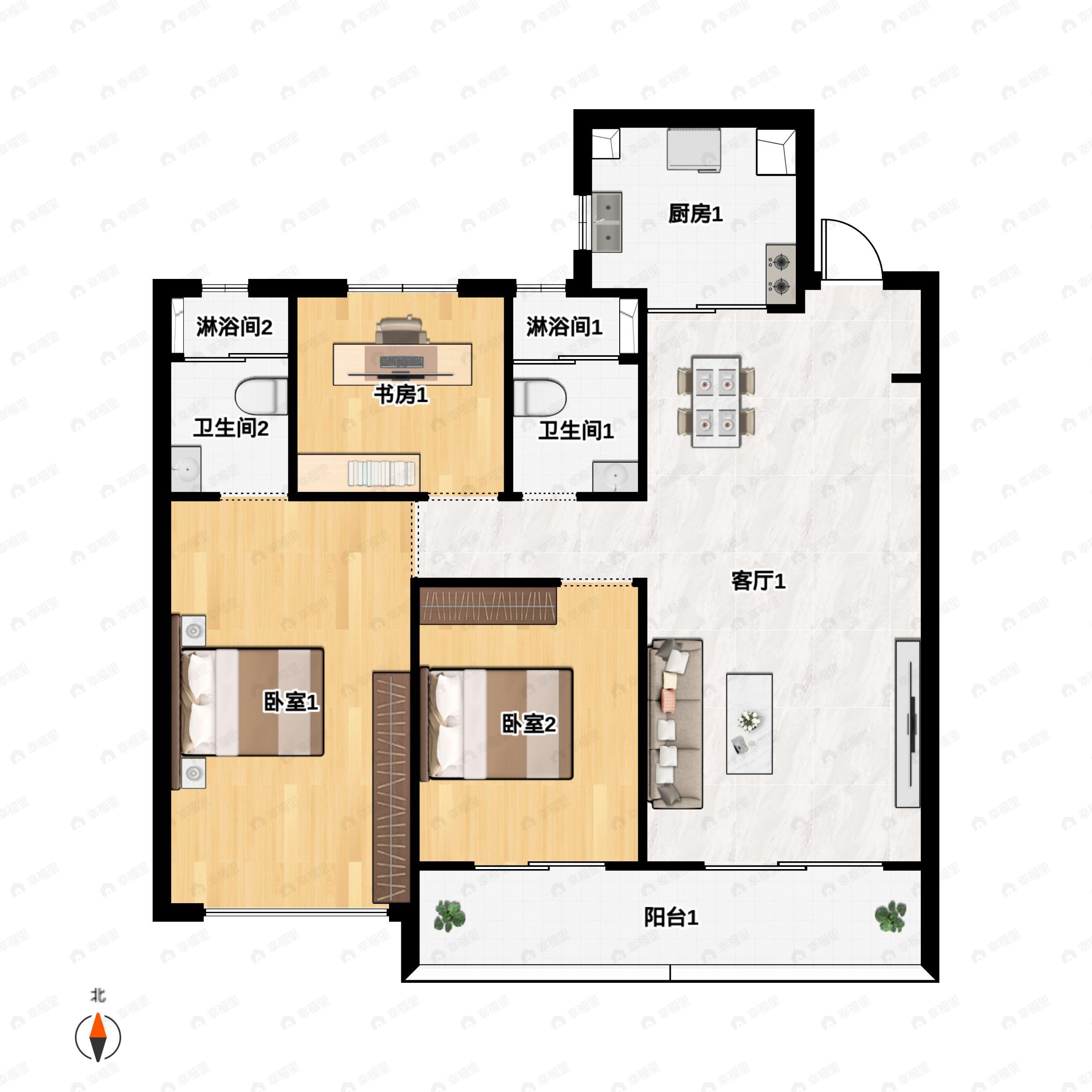 3室2厅2卫建面114m²南|北户型图