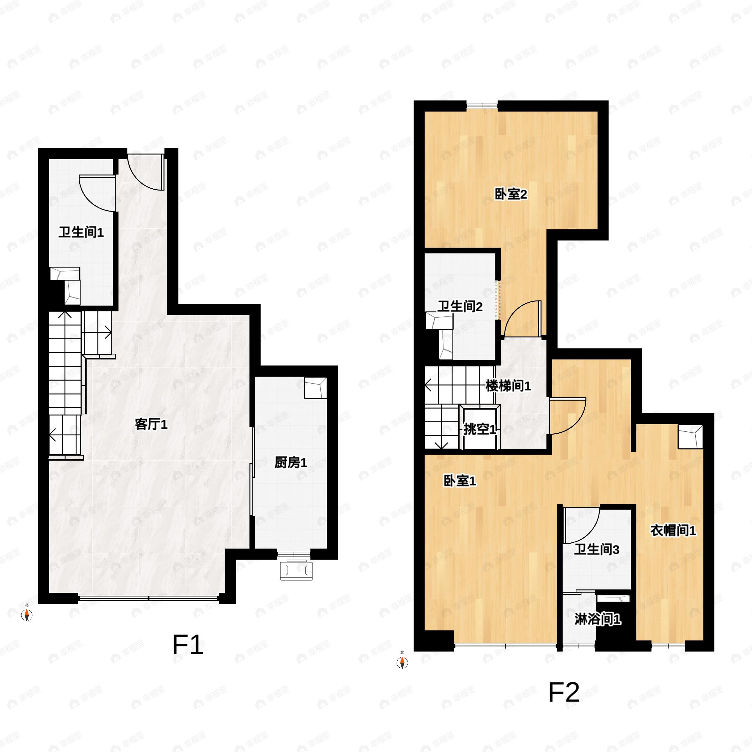 2室2厅3卫建面68平北|南户型图