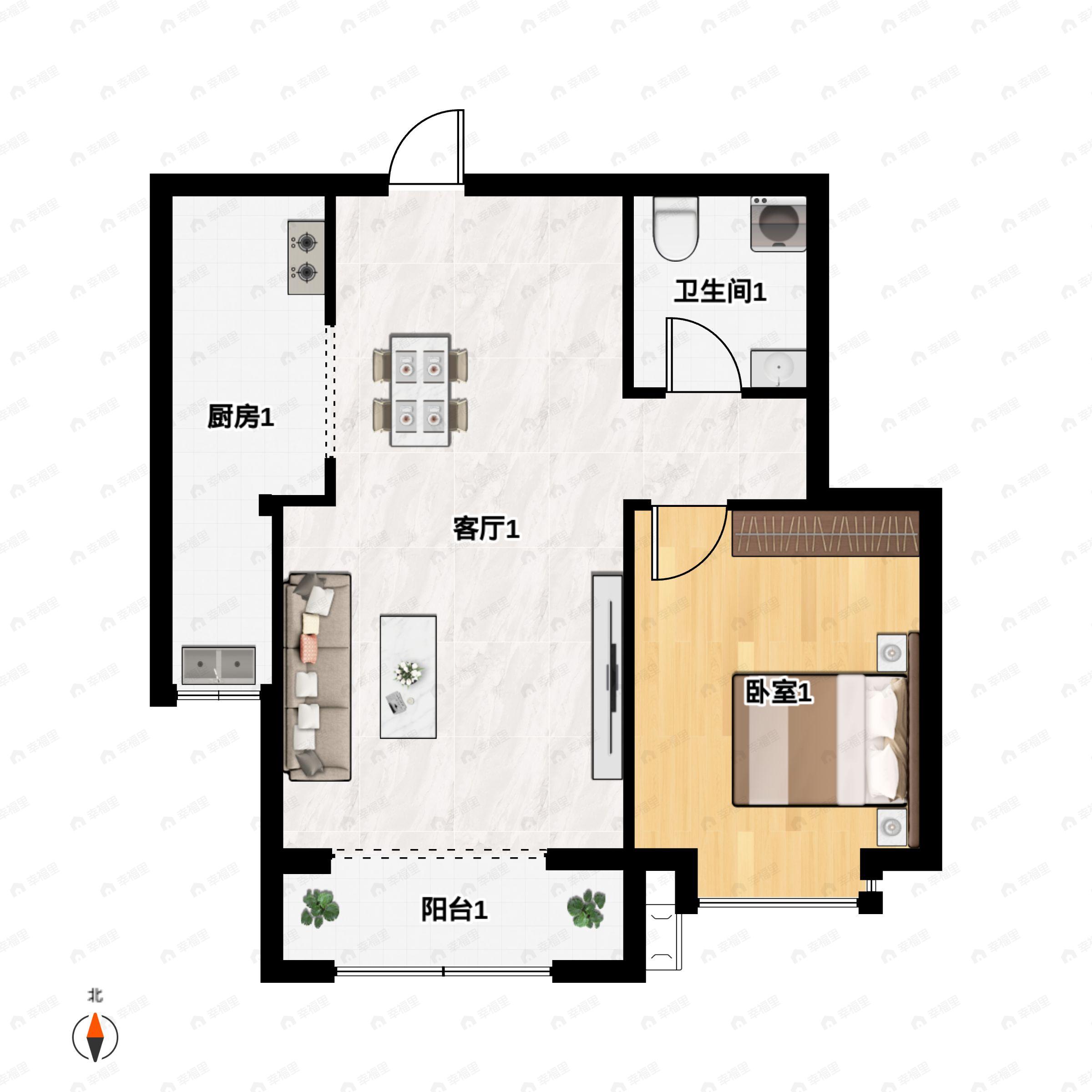 1室2厅1卫建面81m²南户型图