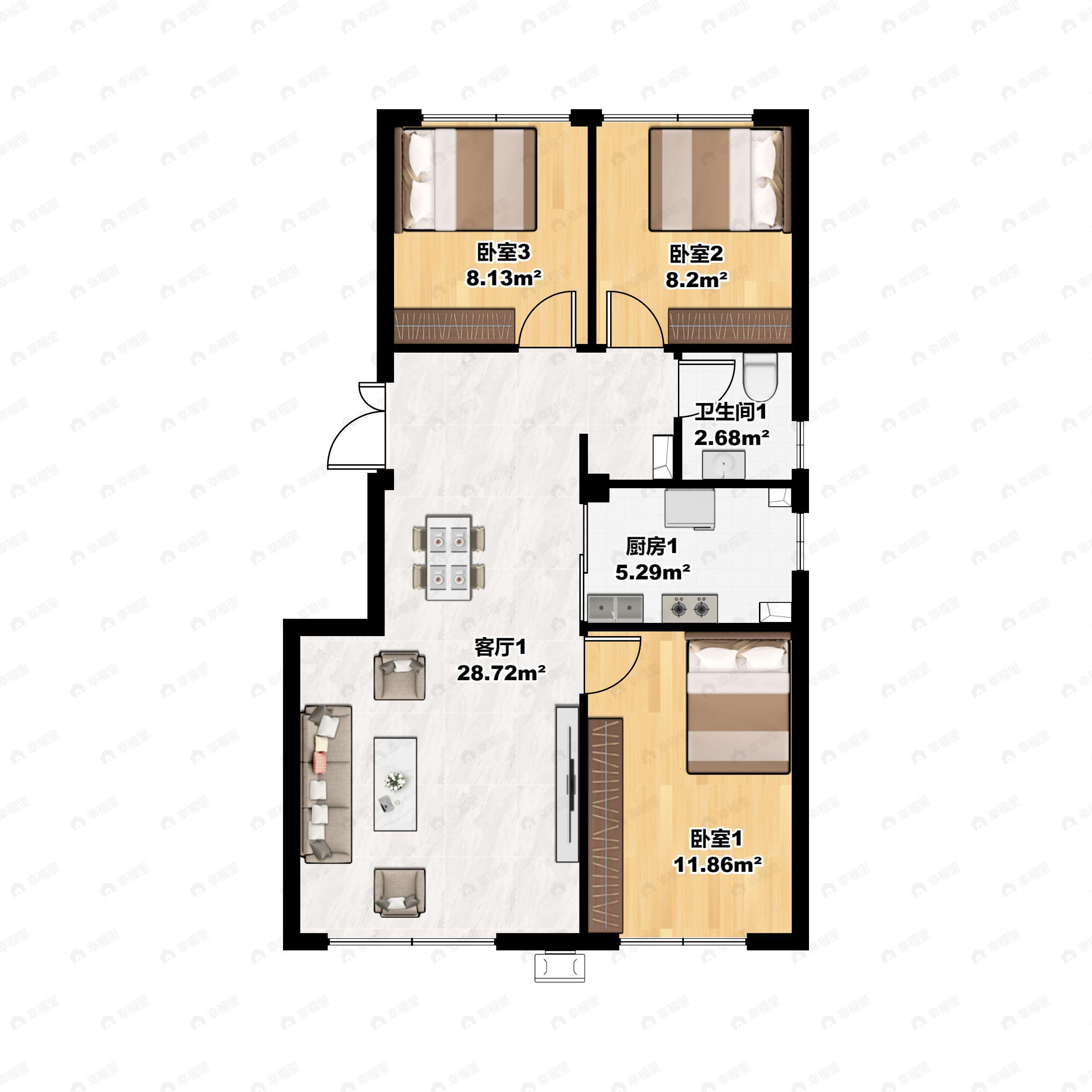 3室2厅1卫建面80平户型图