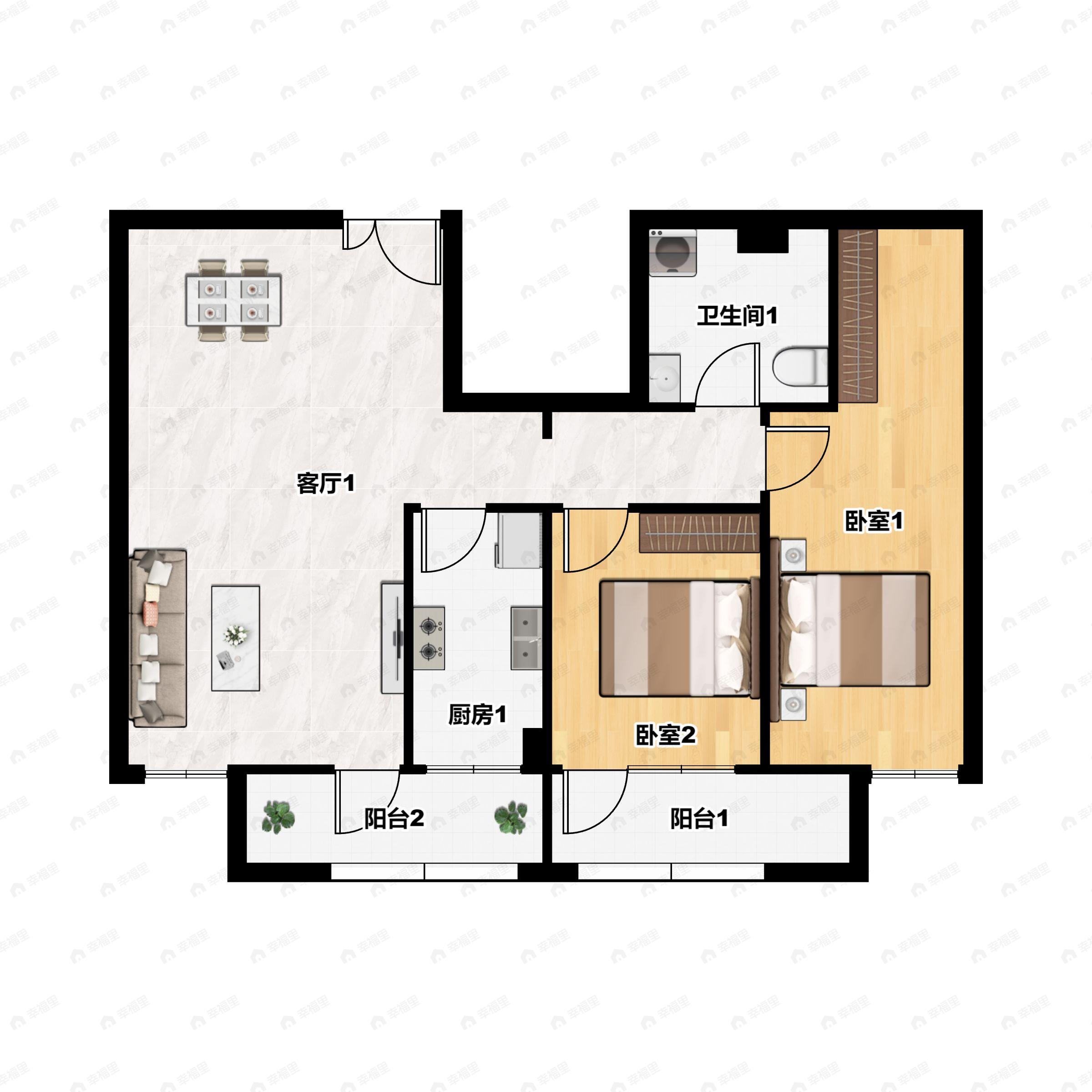 2室2厅1卫建面87平南户型图