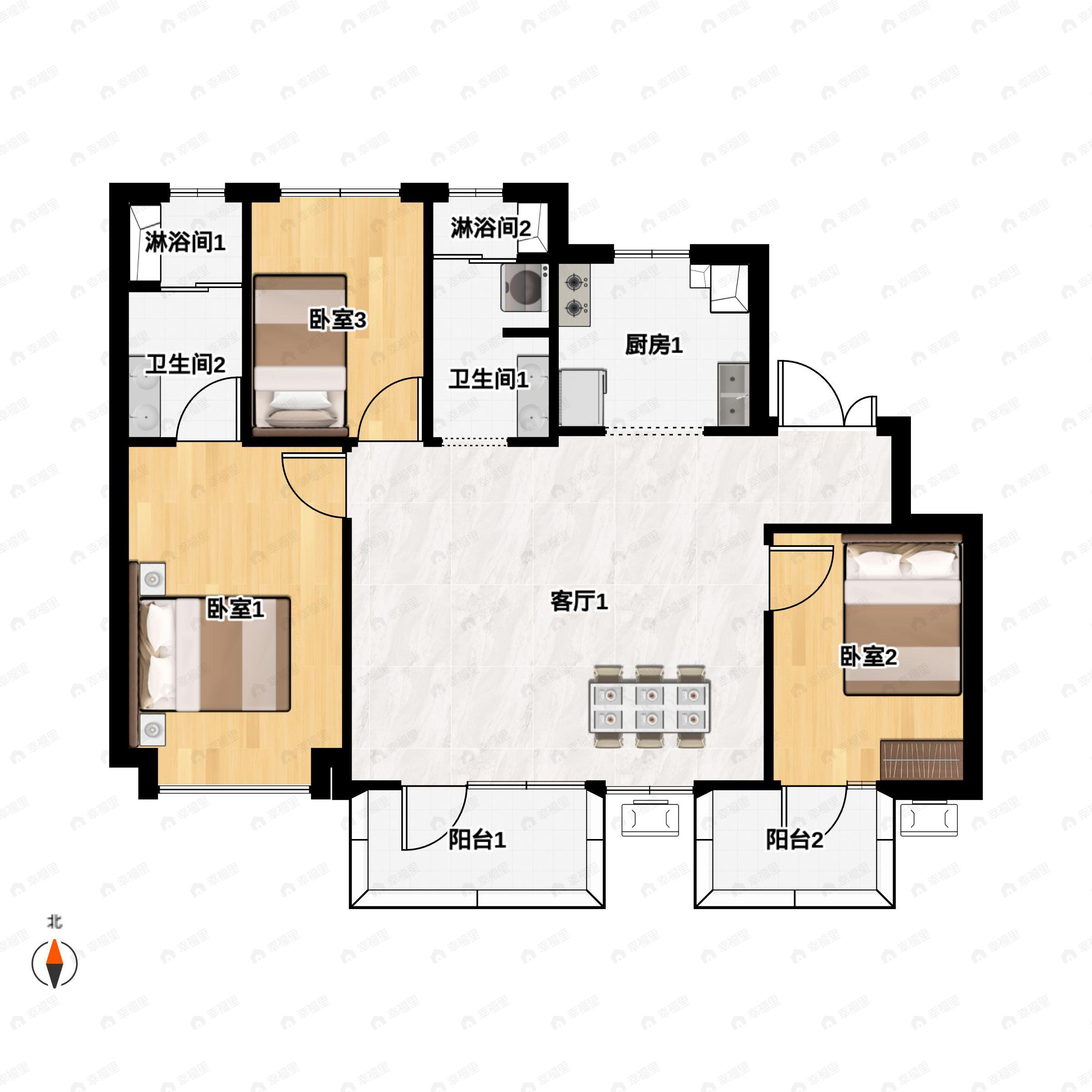 3室2厅2卫建面128m²南户型图