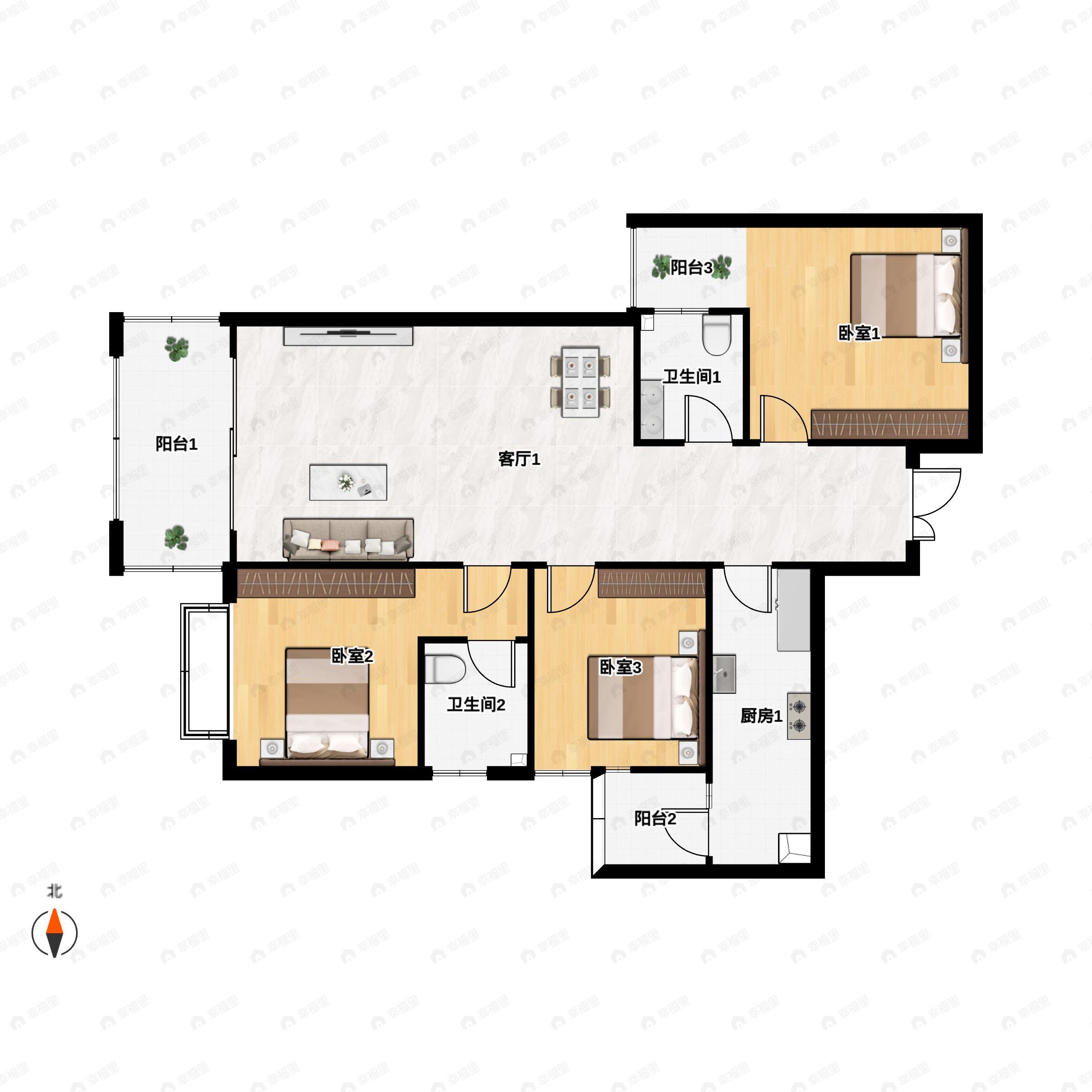 3室2厅2卫建面118m²南户型图