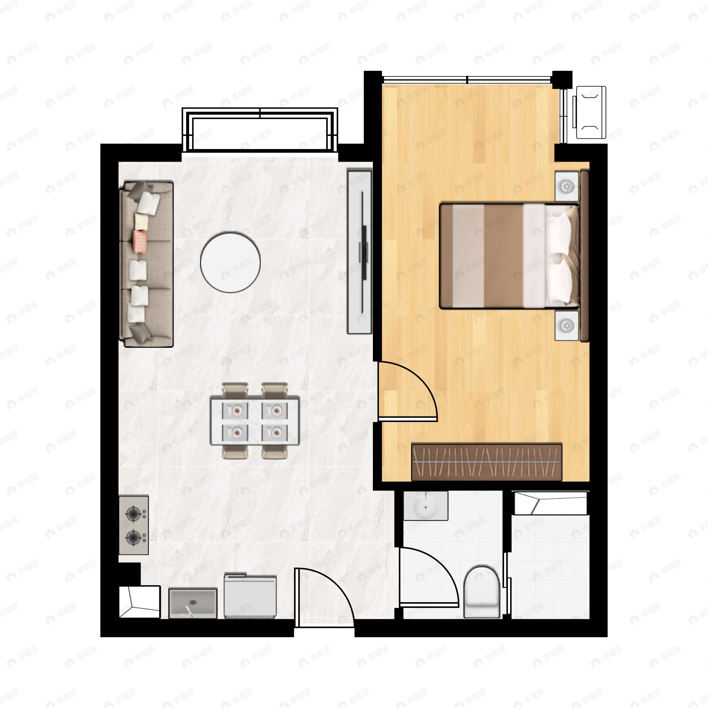 1室2厅1卫建面45平南户型图