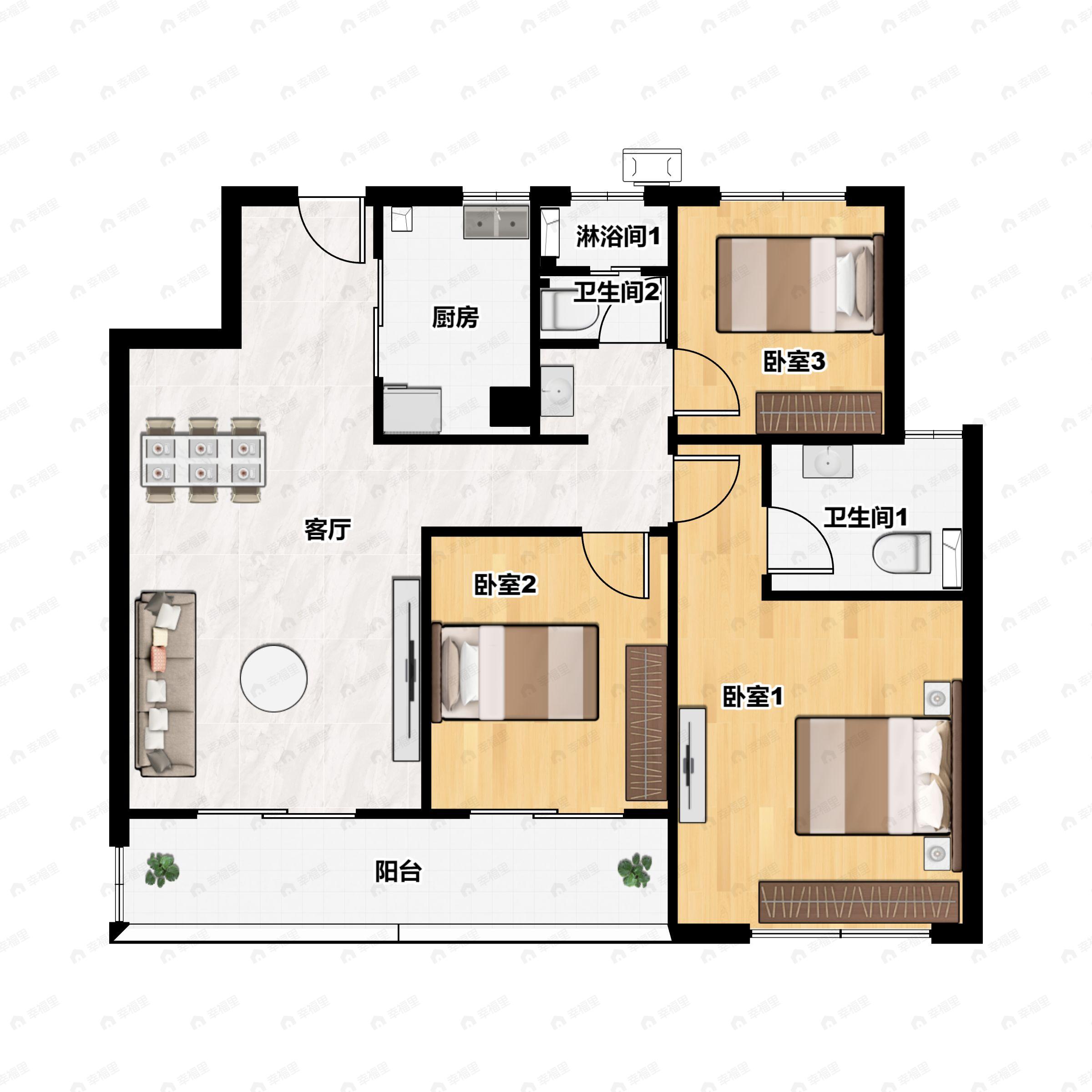 3室2厅2卫建面110平南户型图