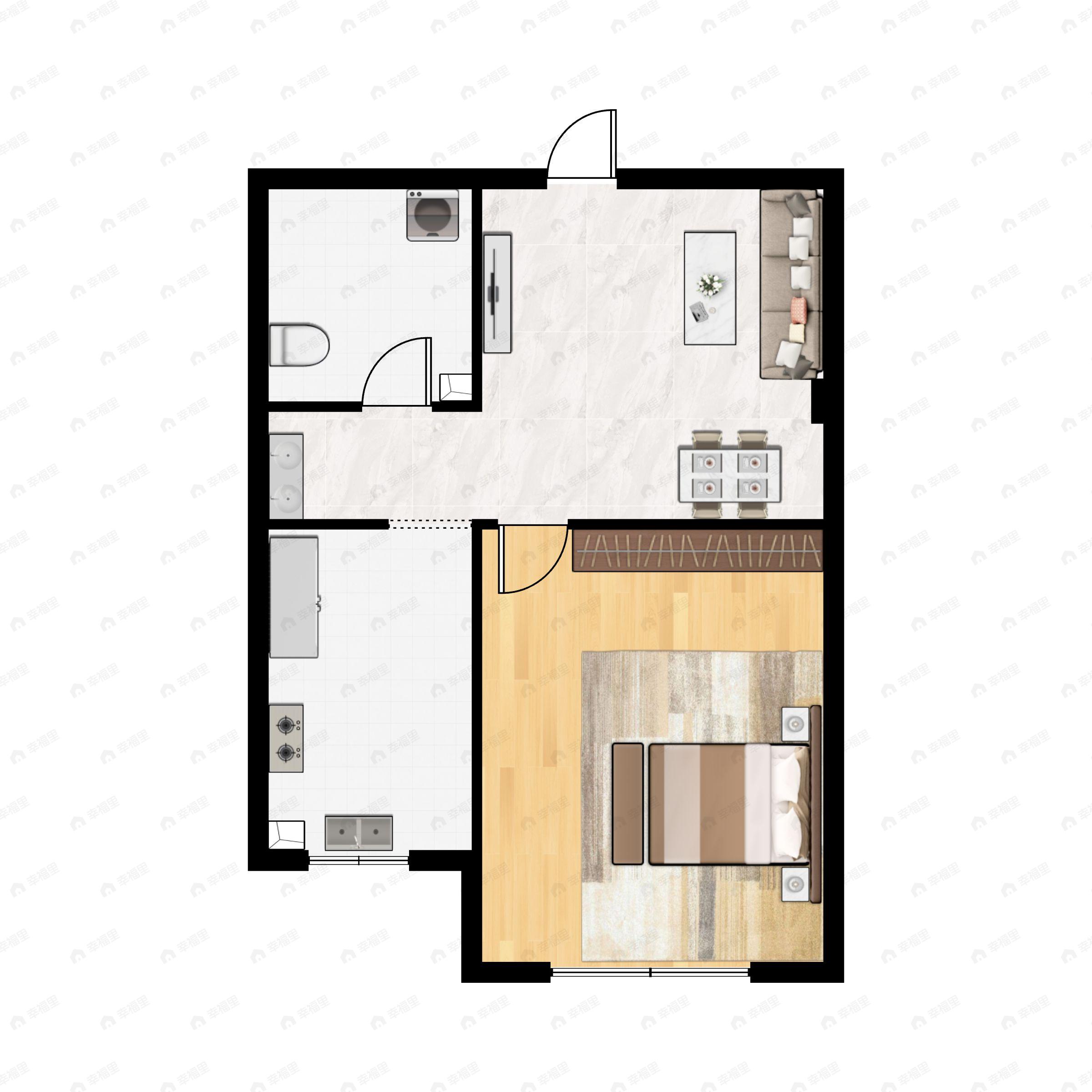 1室1厅1卫建面45平南户型图