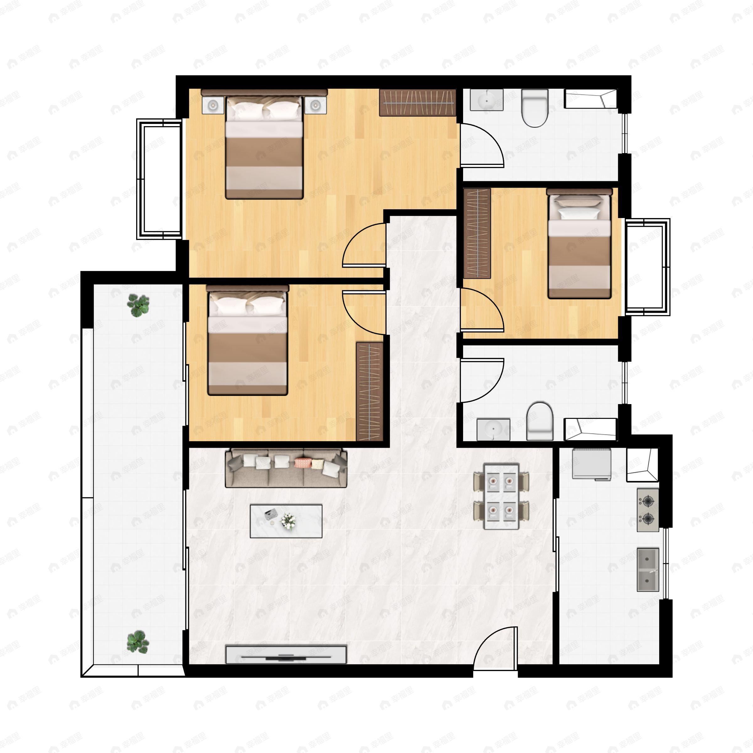 3室2厅2卫建面102m²西户型图