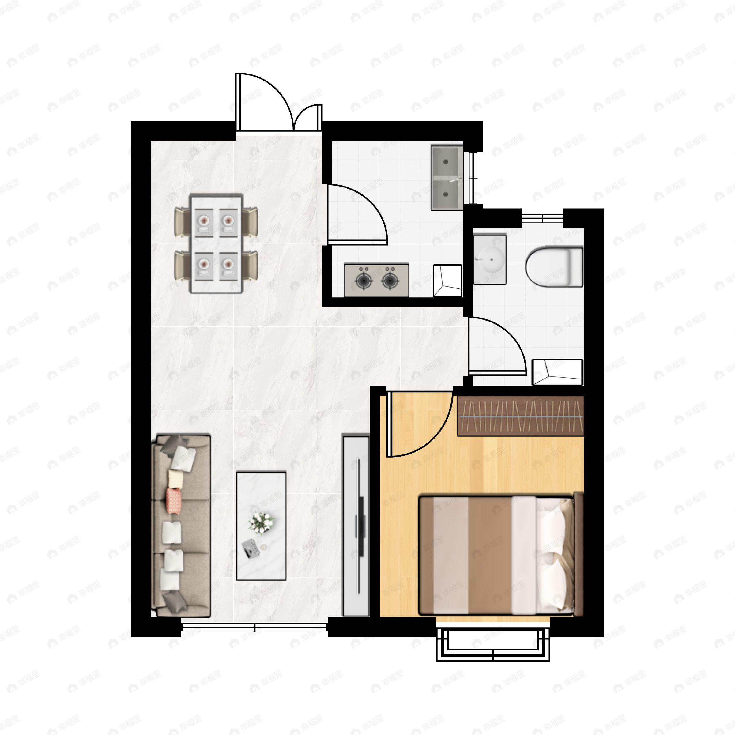 2室1厅1卫建面57m²南户型图