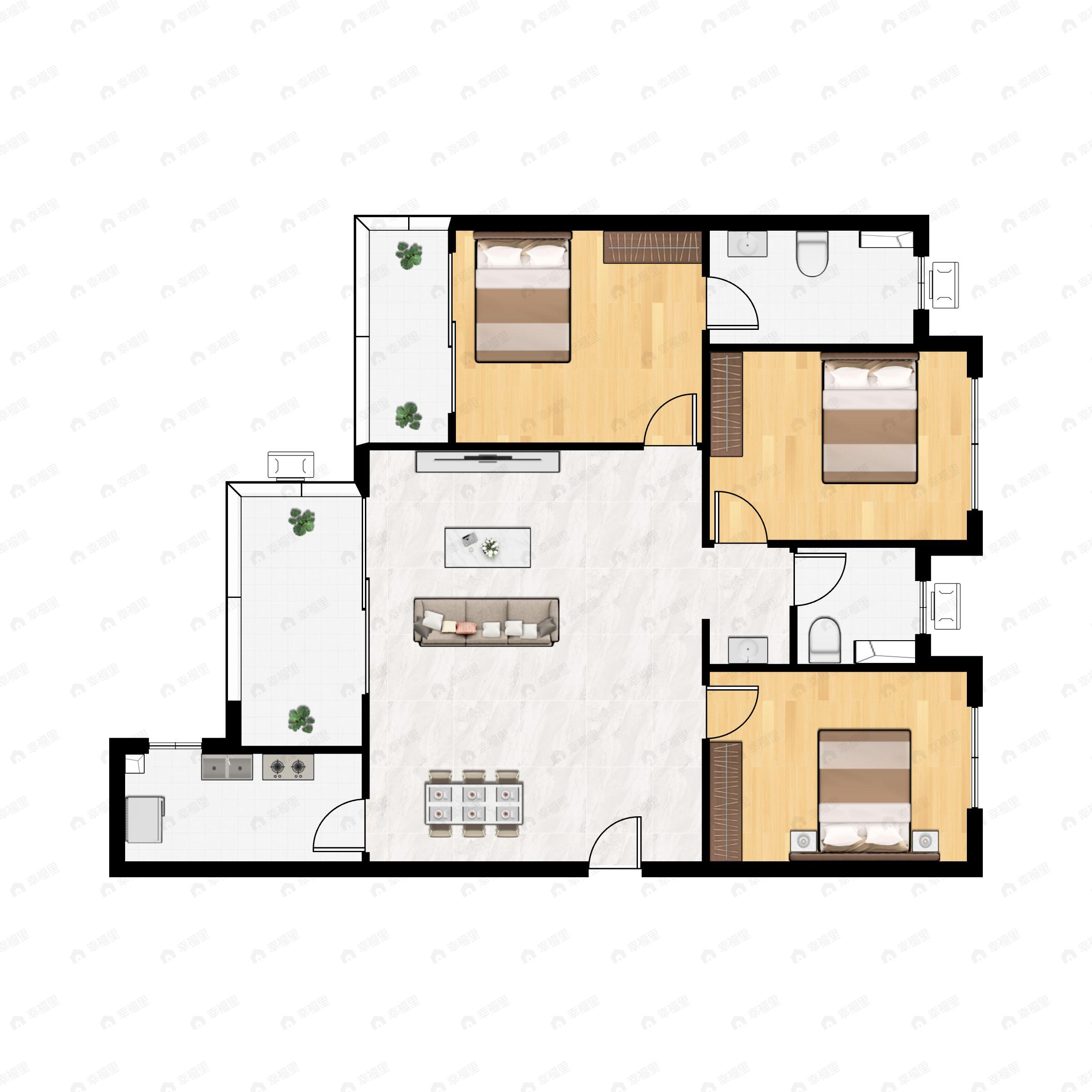 3室2厅2卫建面99m²南|东|西|北户型图