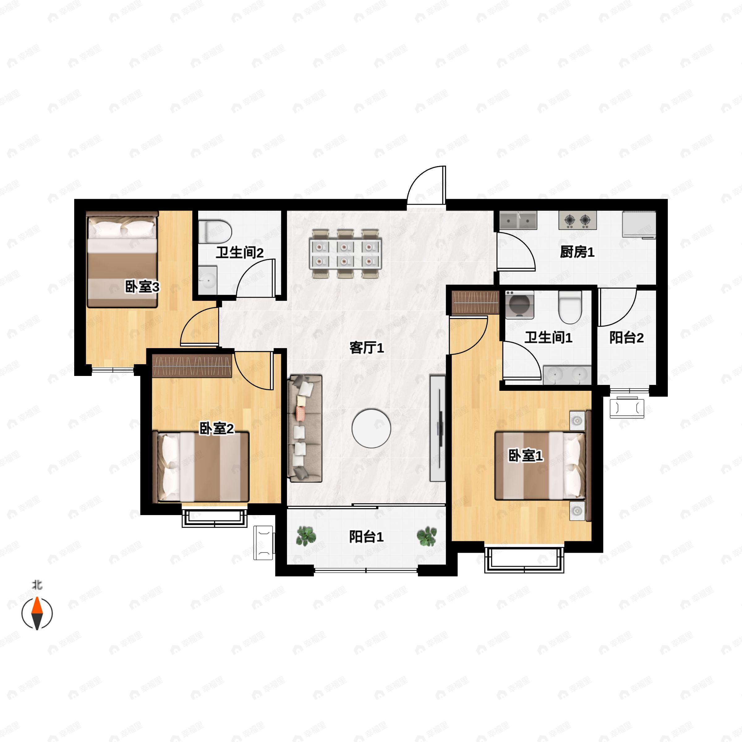 3室2厅2卫建面114平南户型图