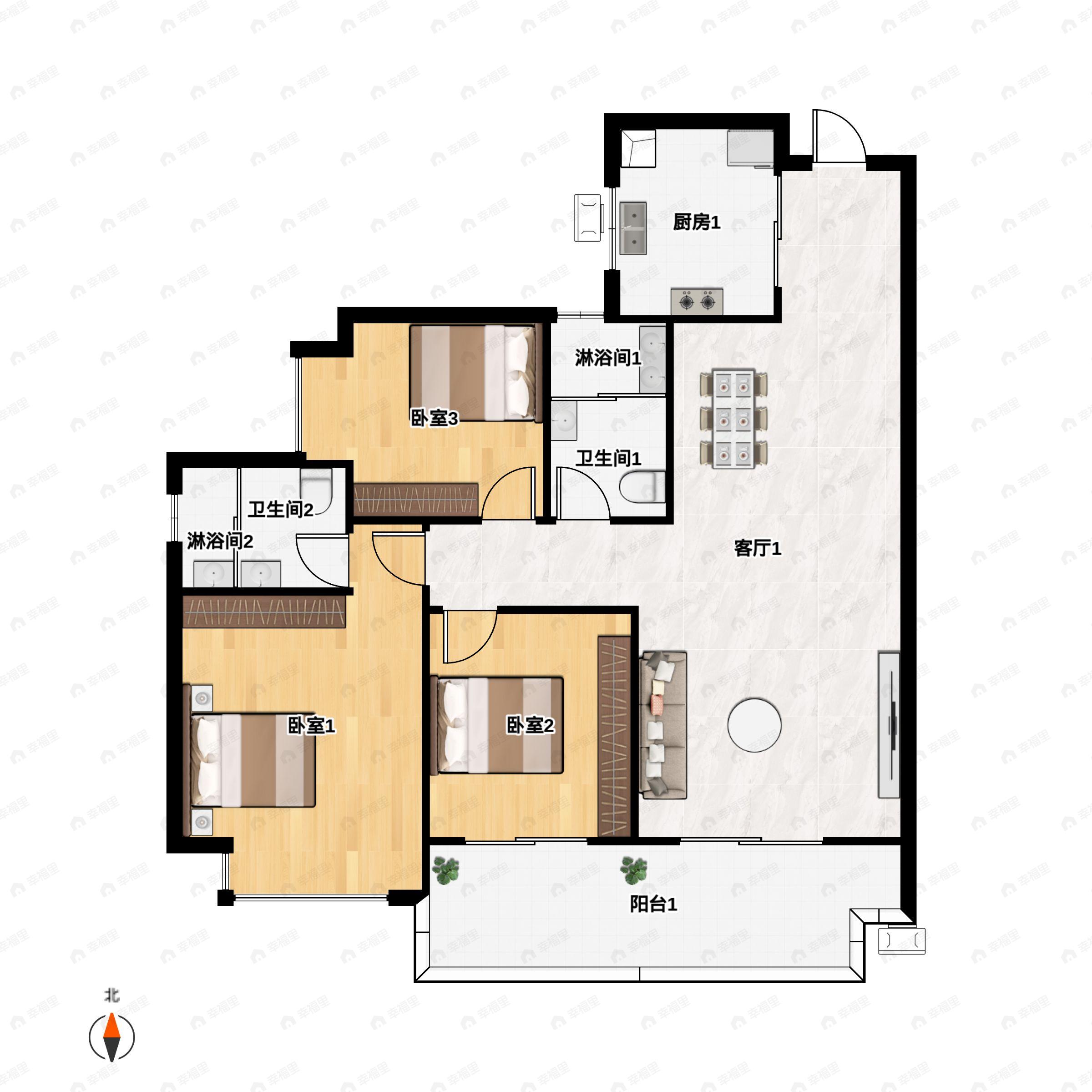 3室2厅2卫建面114m²南|北户型图