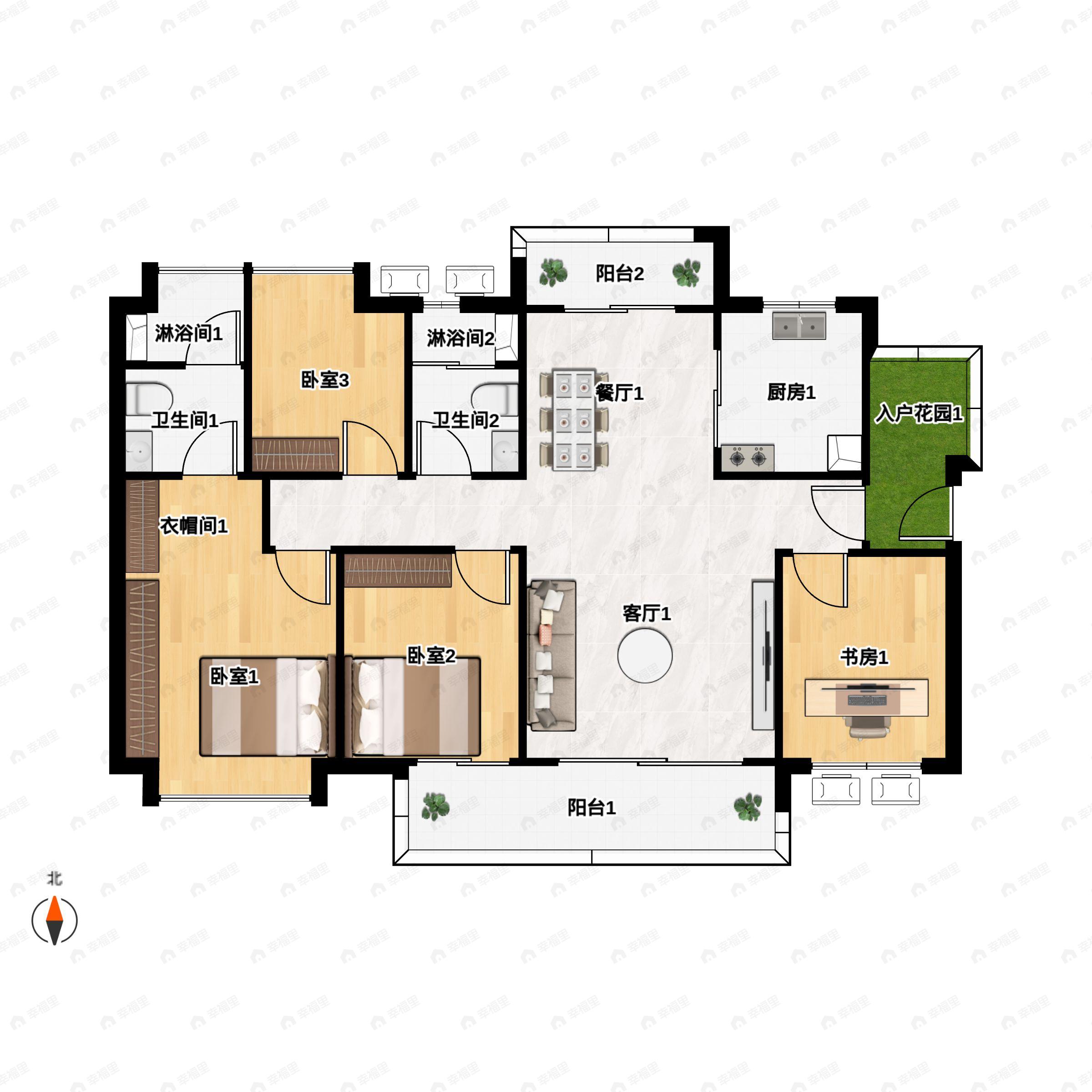 4室2厅2卫建面127平南户型图