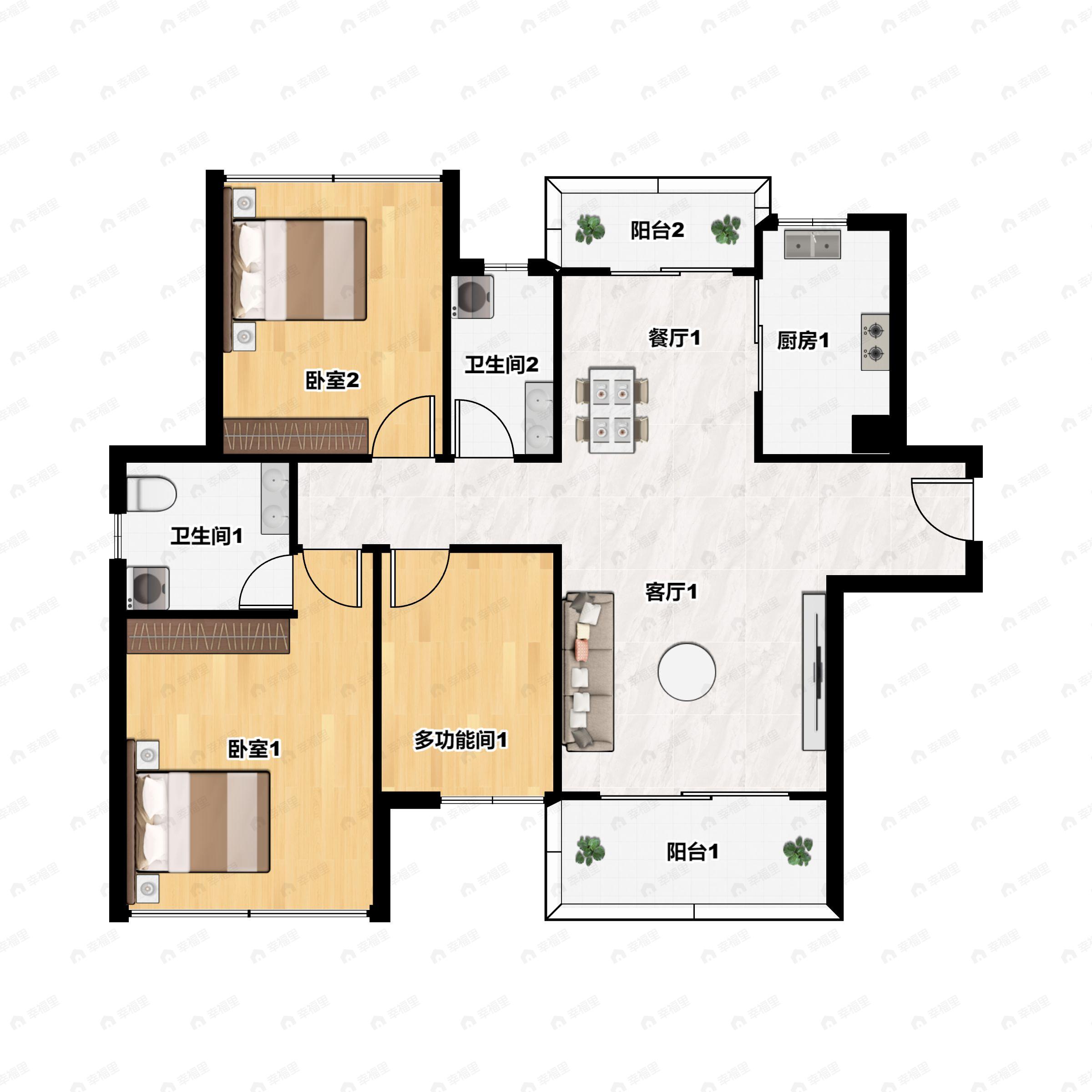 3室2厅2卫建面108m²南户型图
