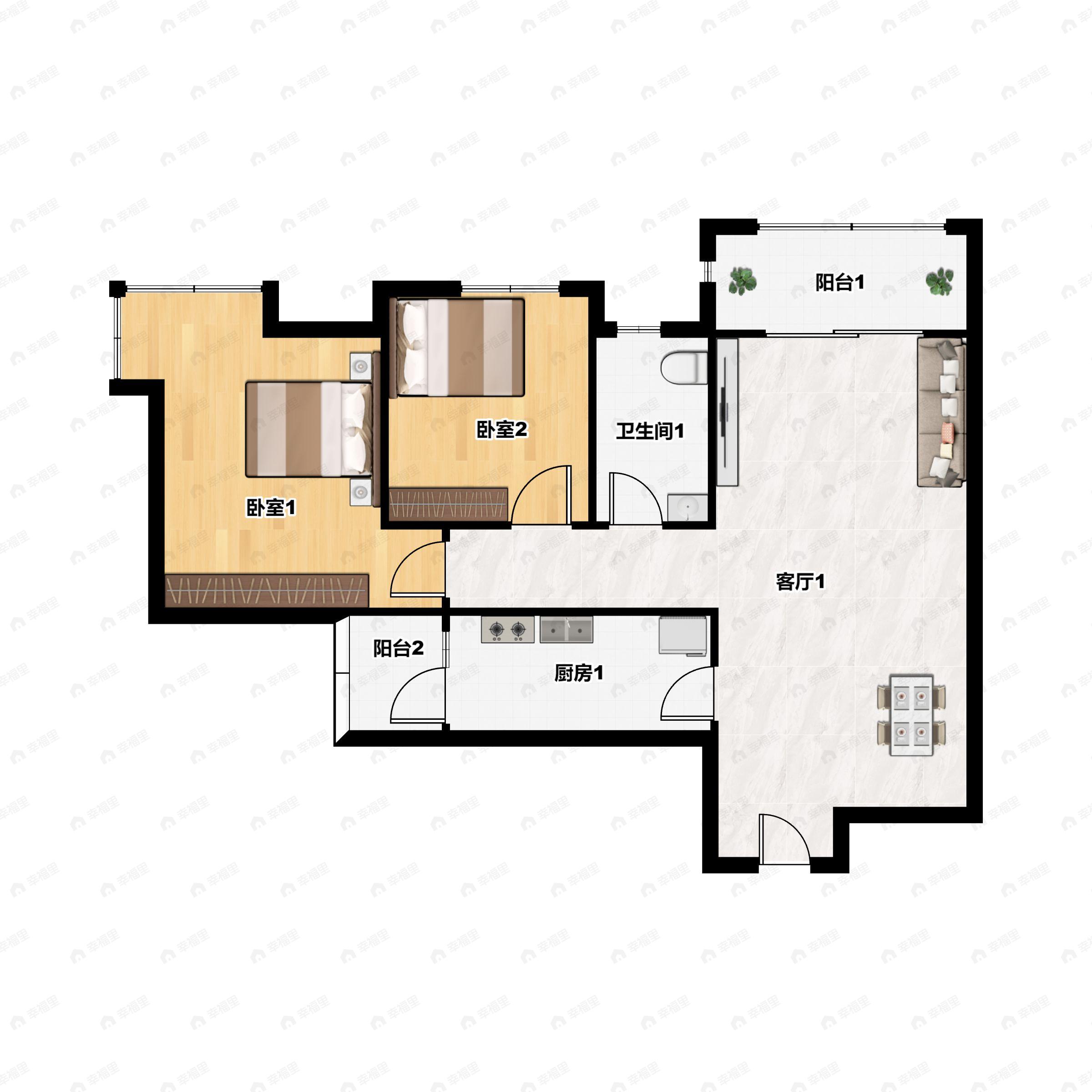 2室2厅1卫建面83m²南户型图