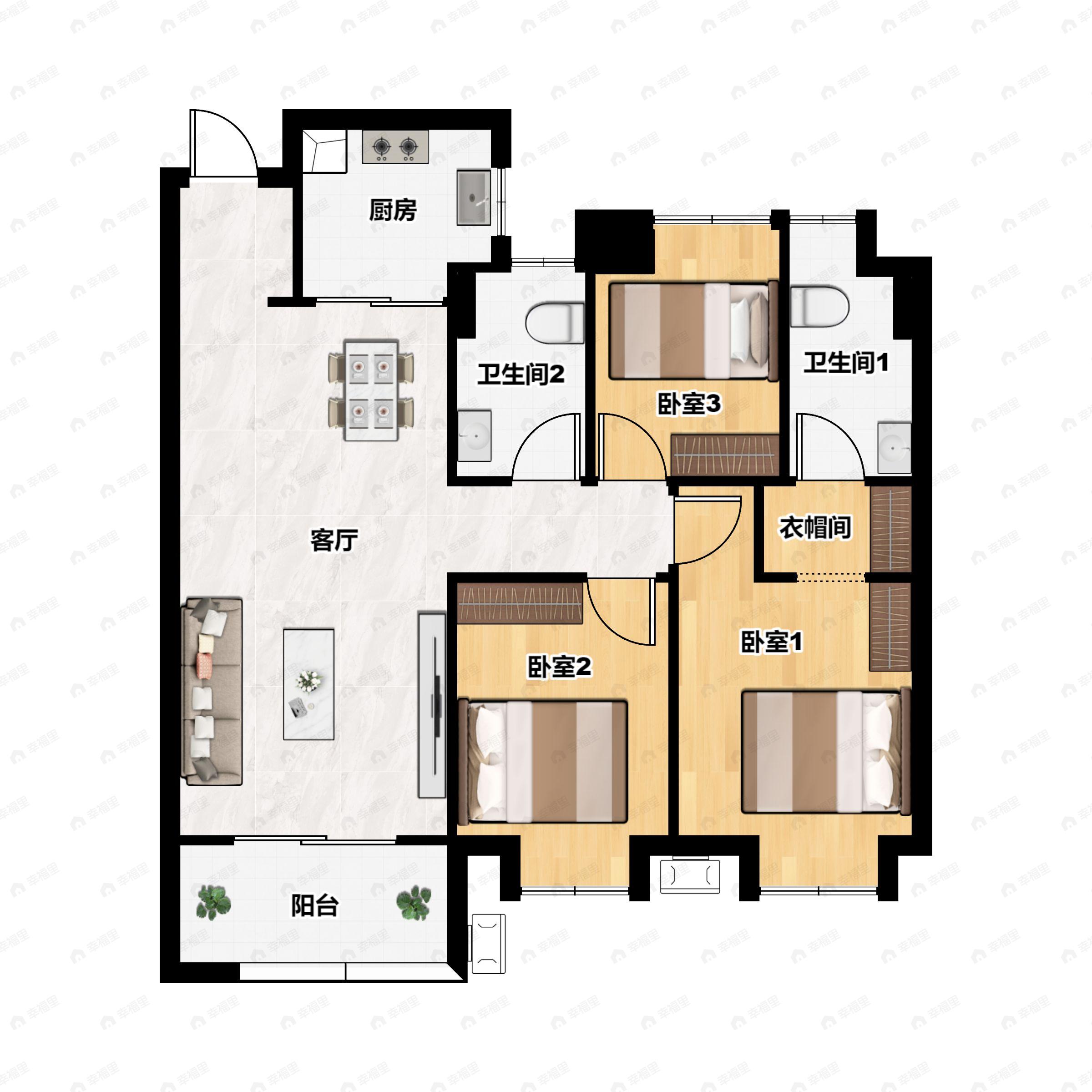 3室2厅2卫建面106平户型图