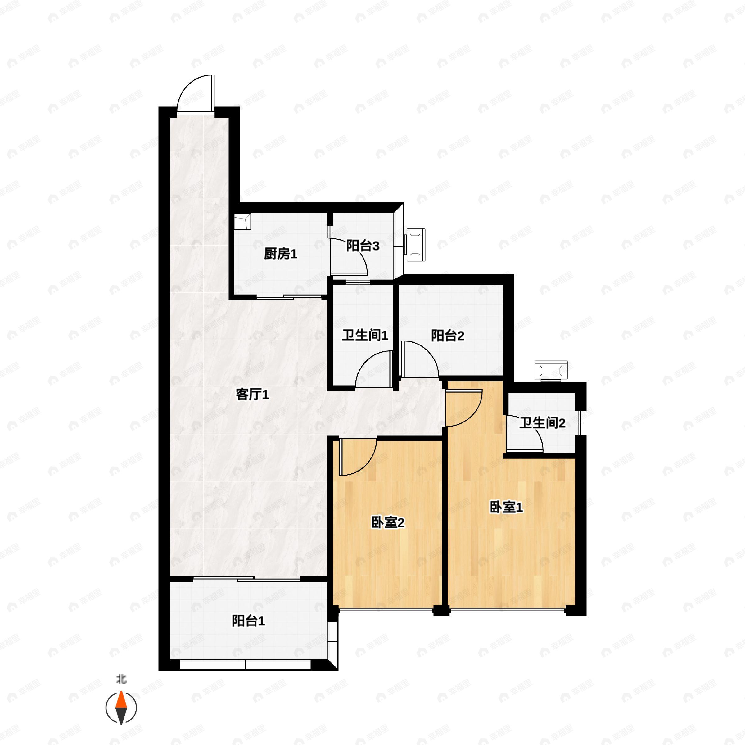 2室2厅2卫建面104m²南户型图