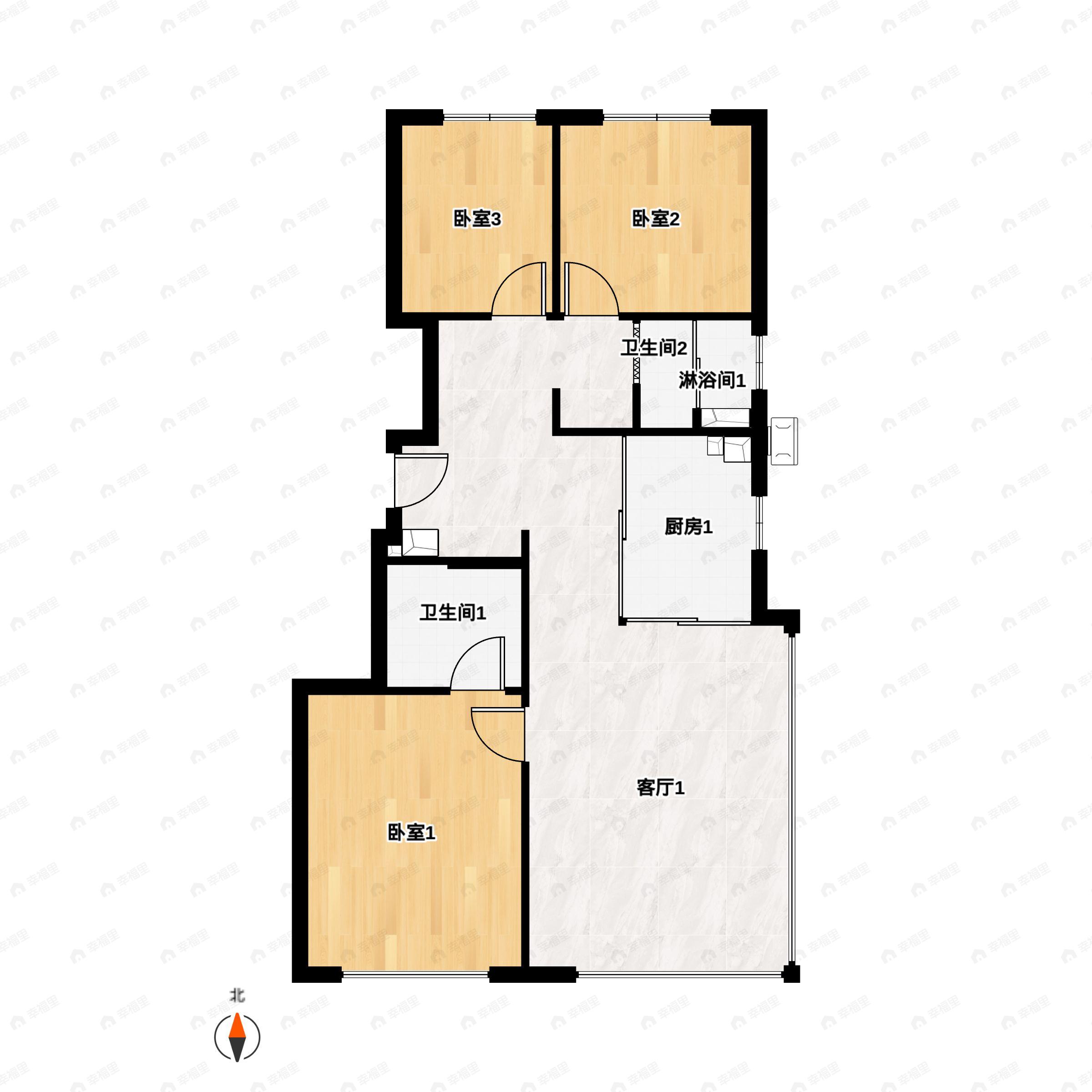 3室2厅2卫建面89平南|北户型图