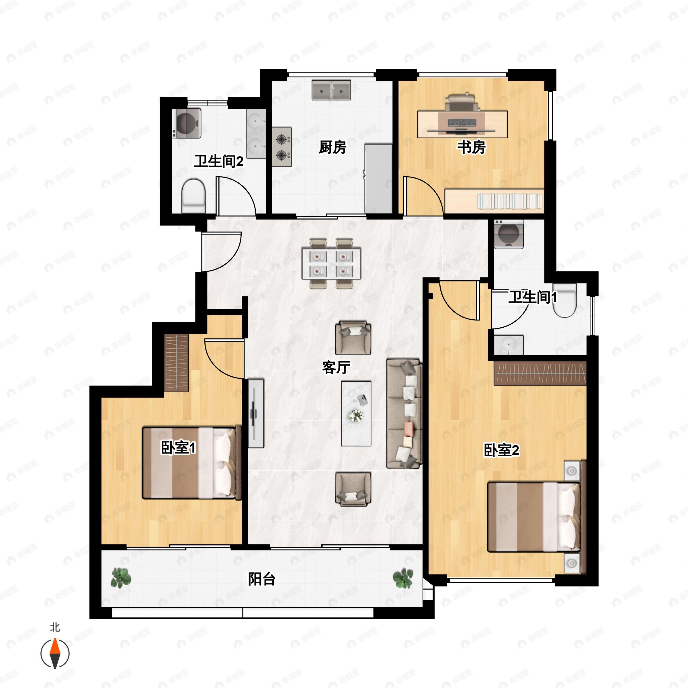3室2厅2卫建面89平南|北户型图