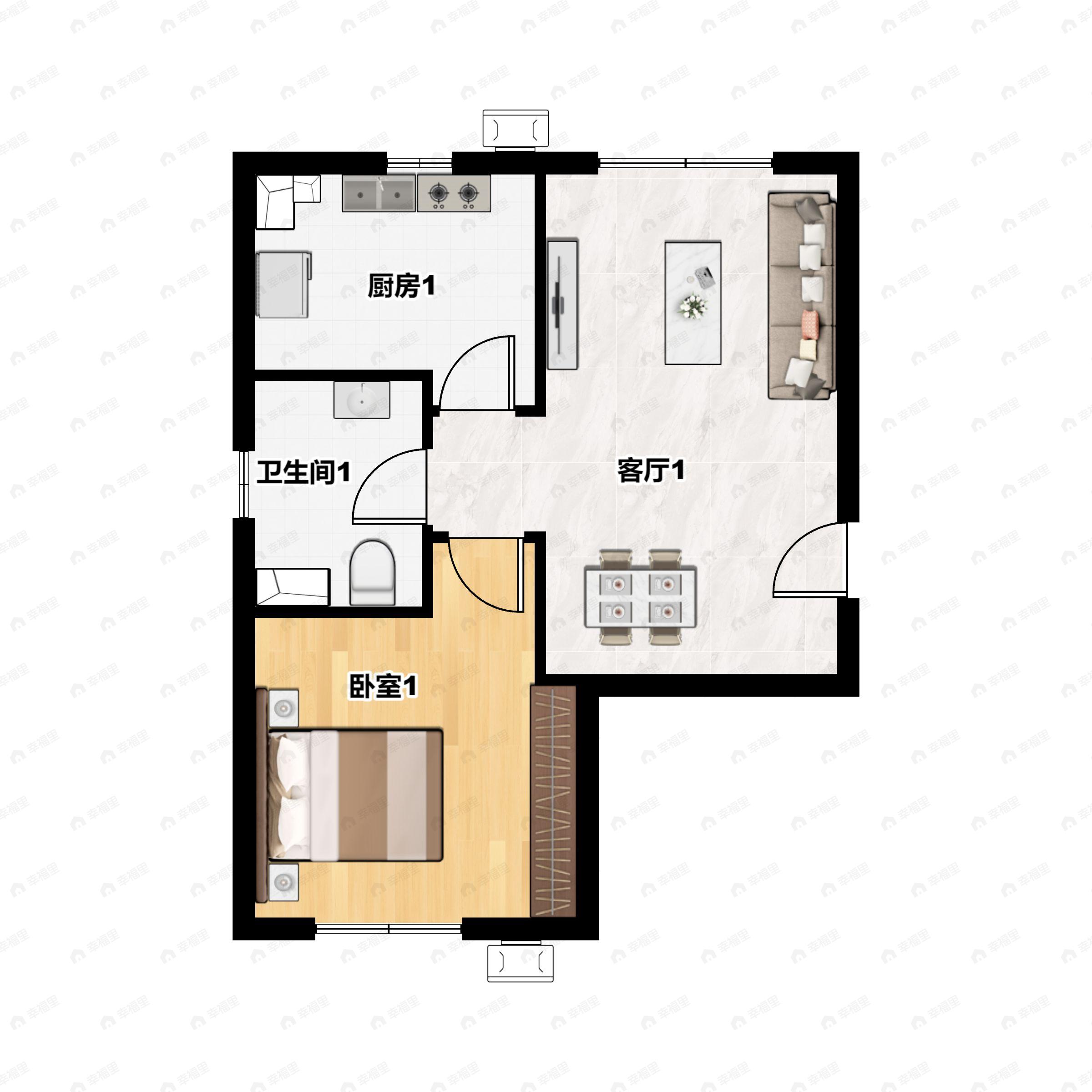 1室1厅1卫建面50m²南|北户型图