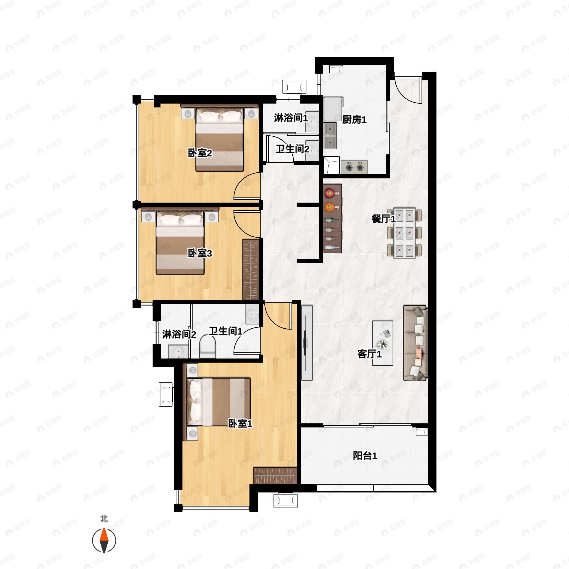 3室2厅2卫建面106m²南|北户型图