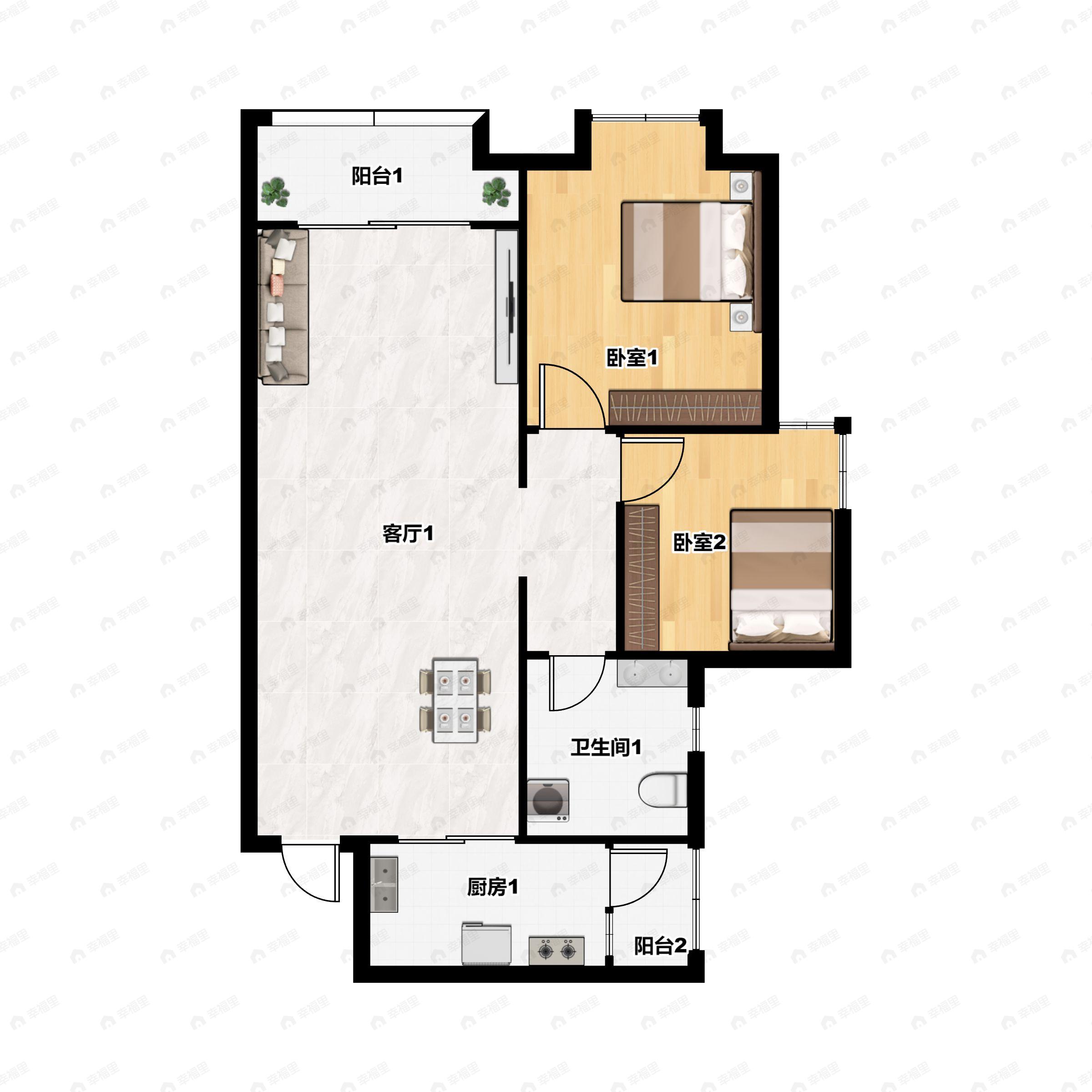 2室2厅1卫建面81m²南户型图