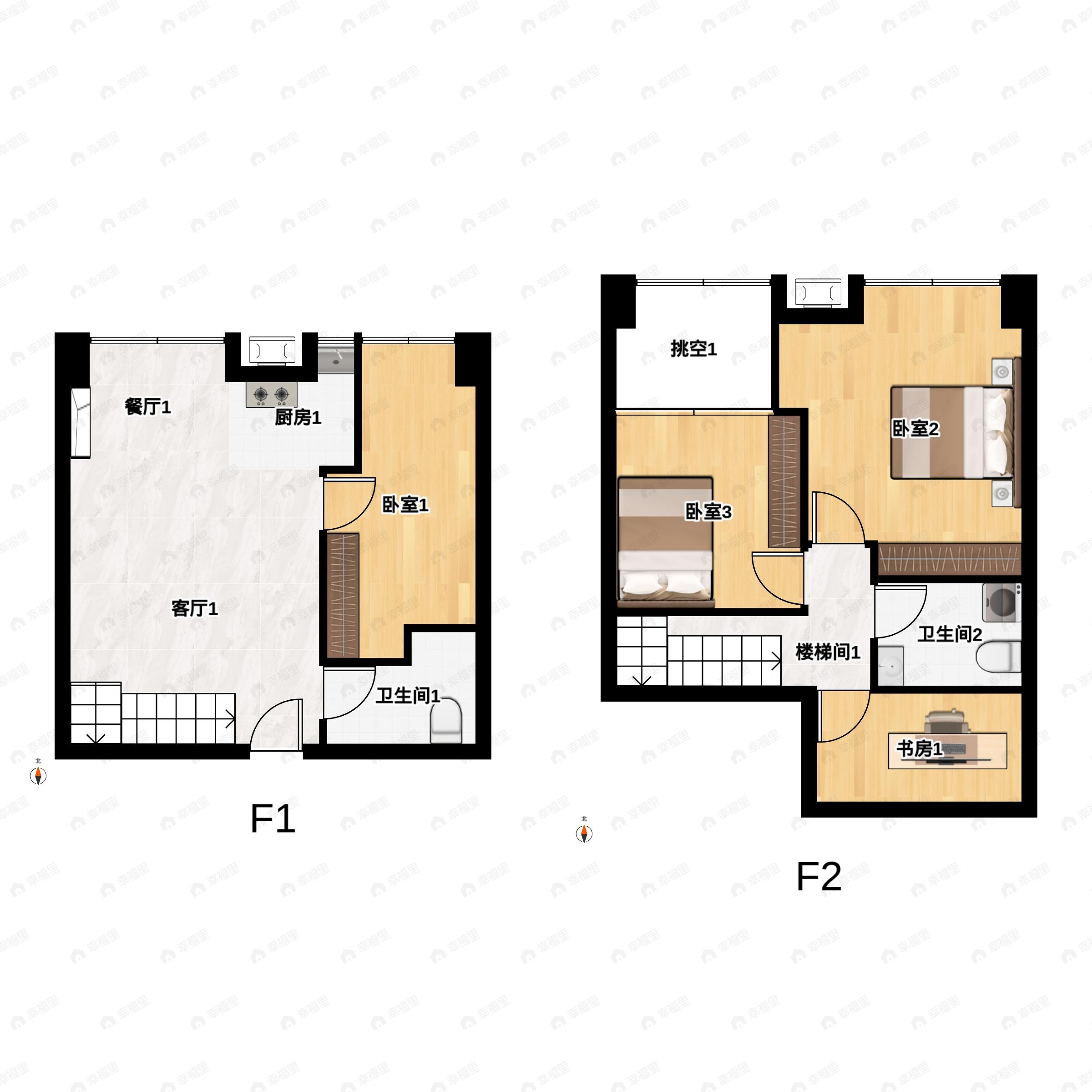 3室2厅2卫建面66平户型图