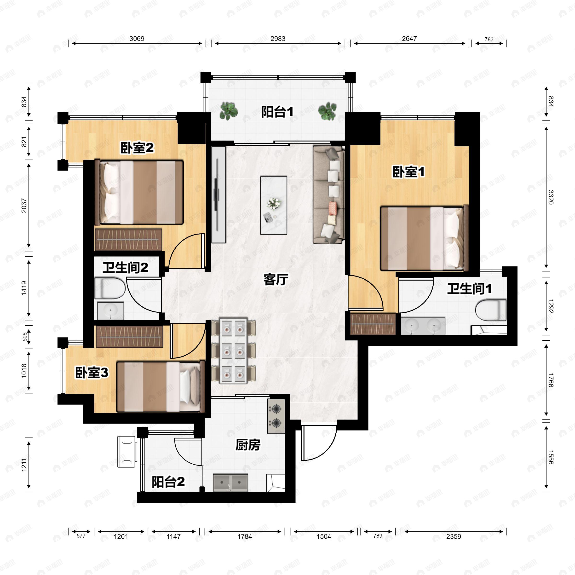 3室2厅2卫建面109平户型图