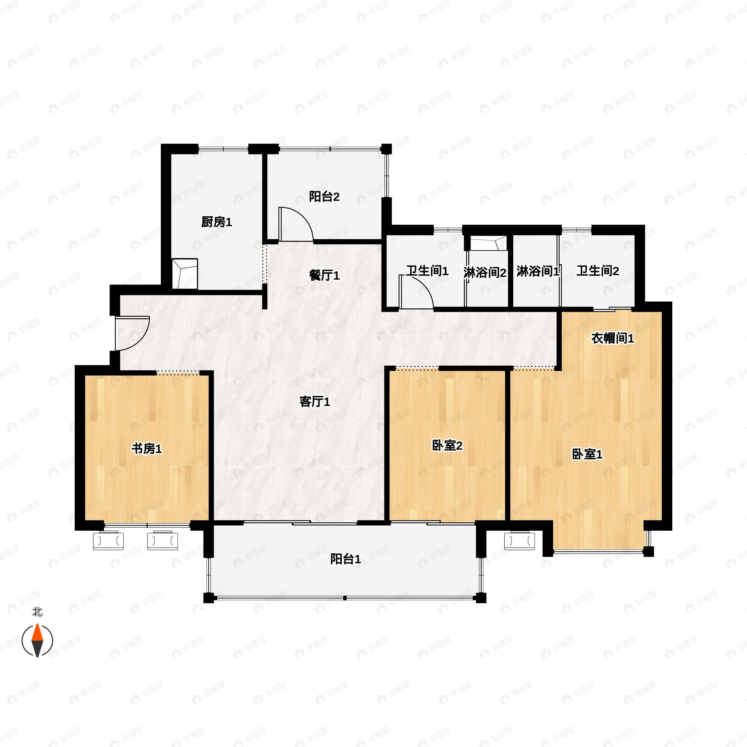 3室2厅2卫建面105平南|北户型图