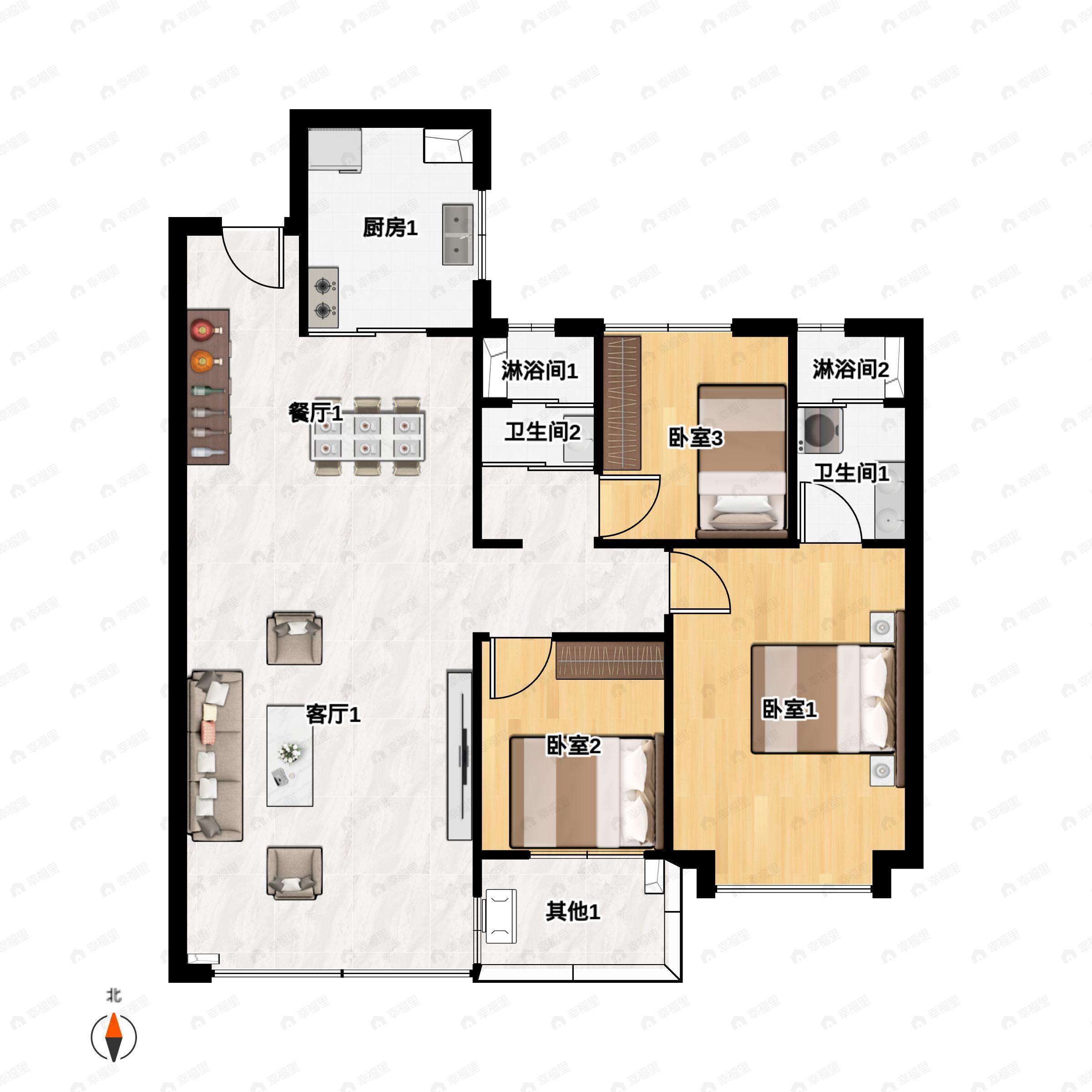 3室2厅1卫建面122m²南户型图