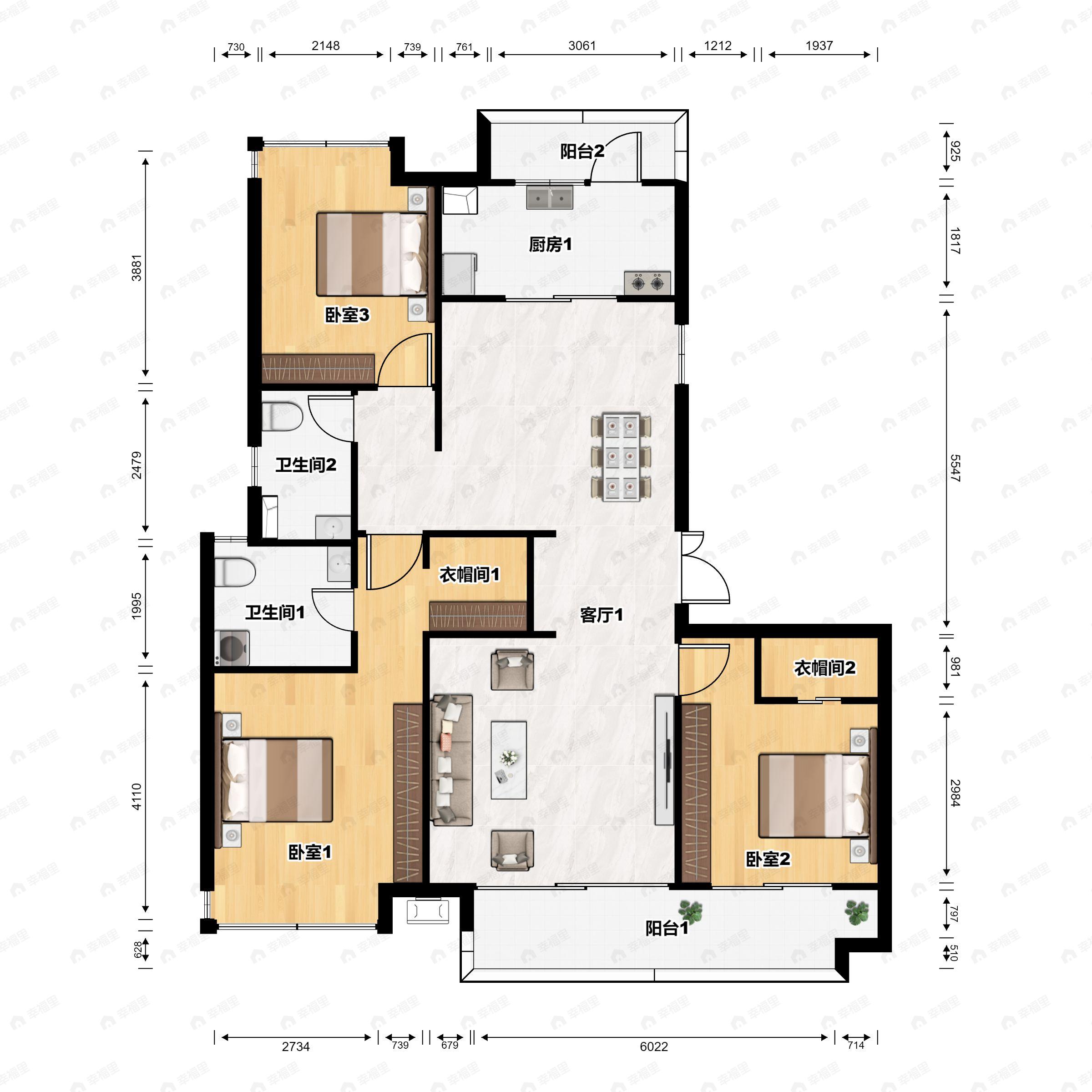 3室2厅2卫建面128平户型图