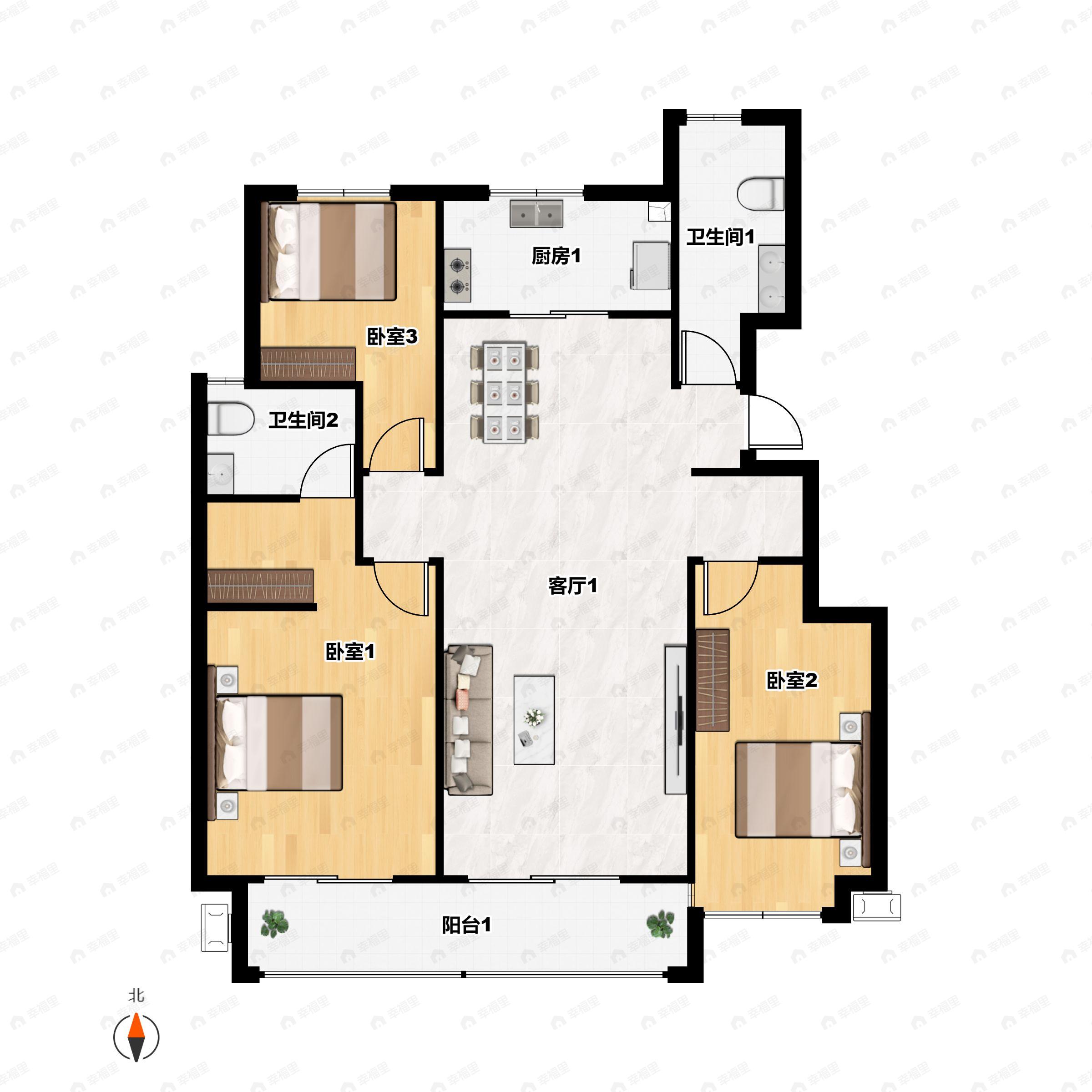3室2厅2卫建面140m²南户型图