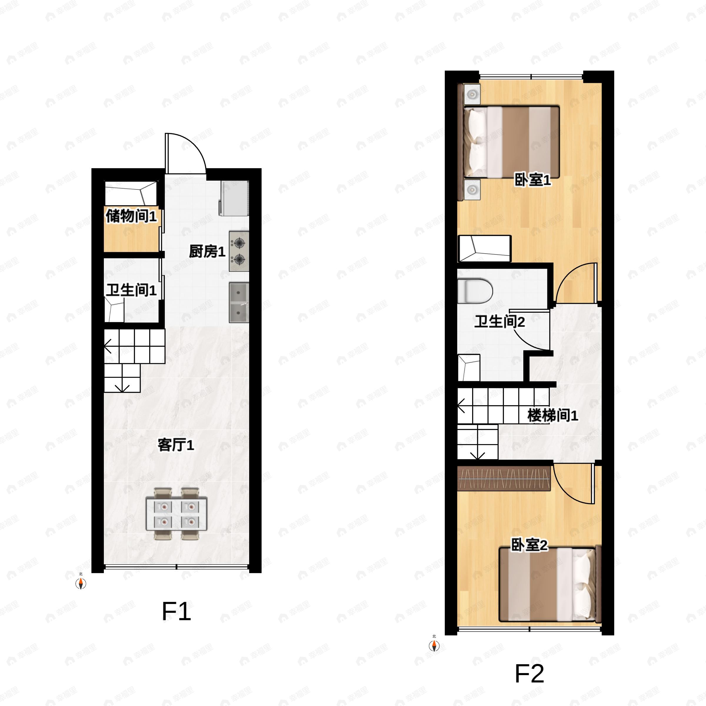 2室2厅2卫建面48平户型图