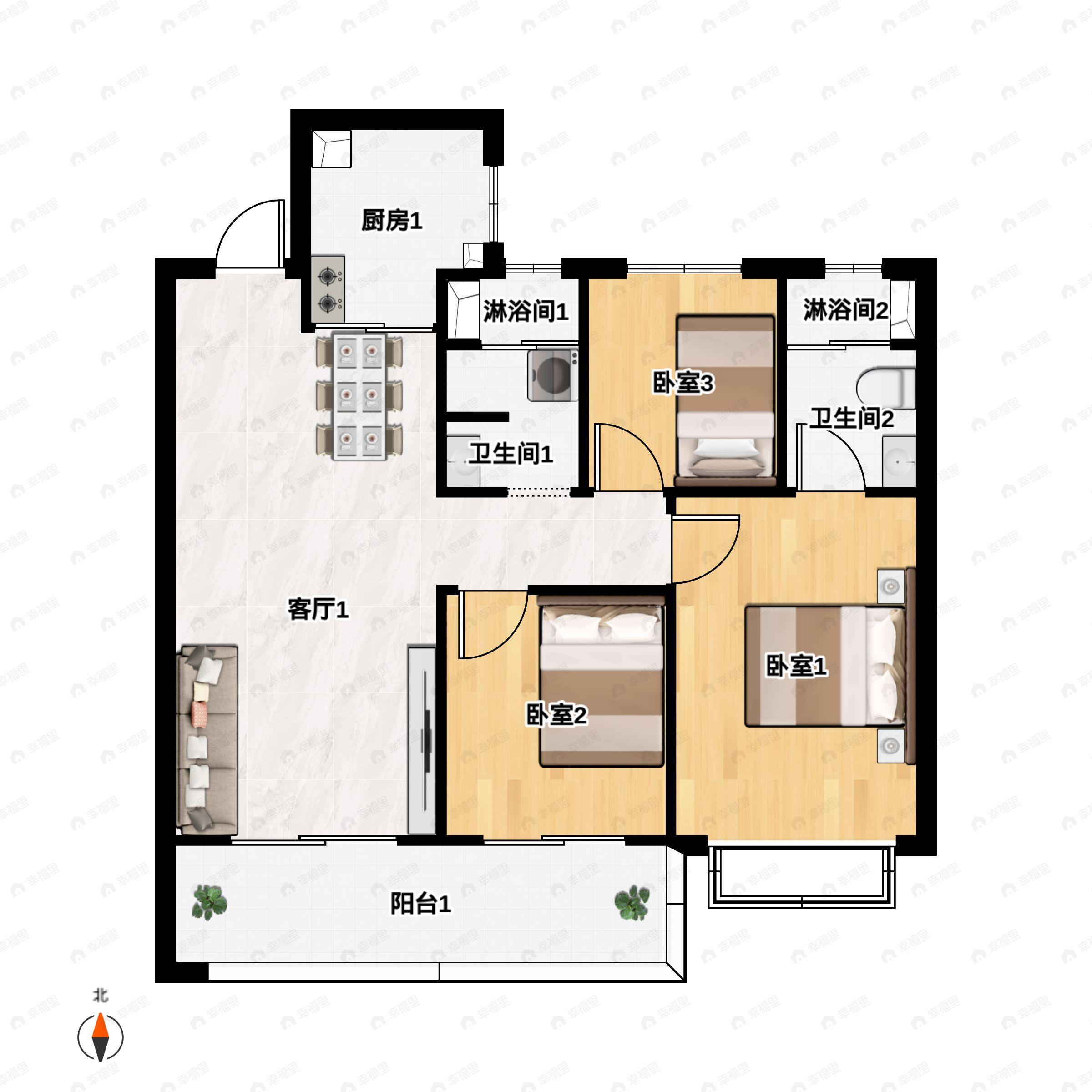 3室2厅2卫建面103m²南|北户型图