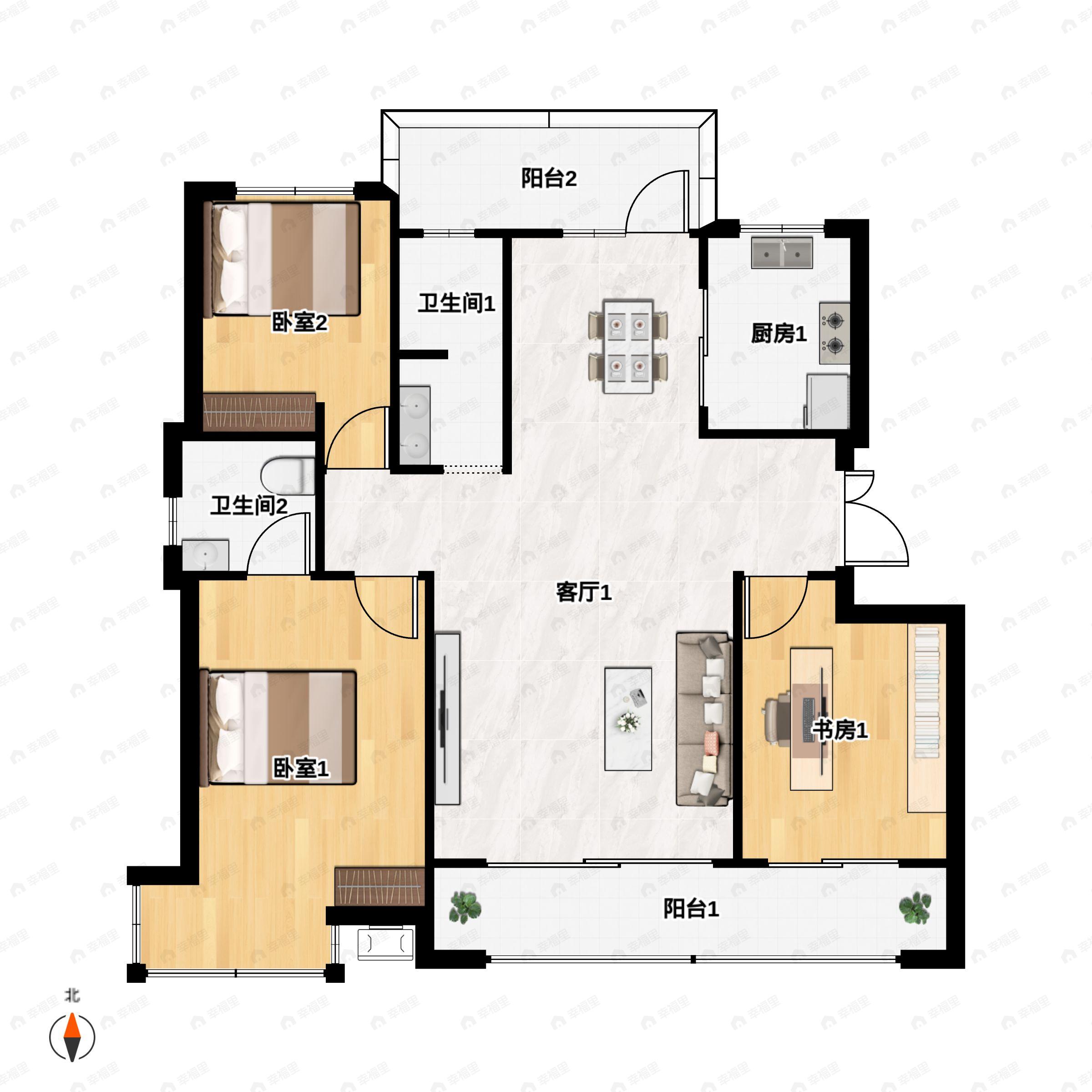 3室2厅2卫建面128m²南|北户型图