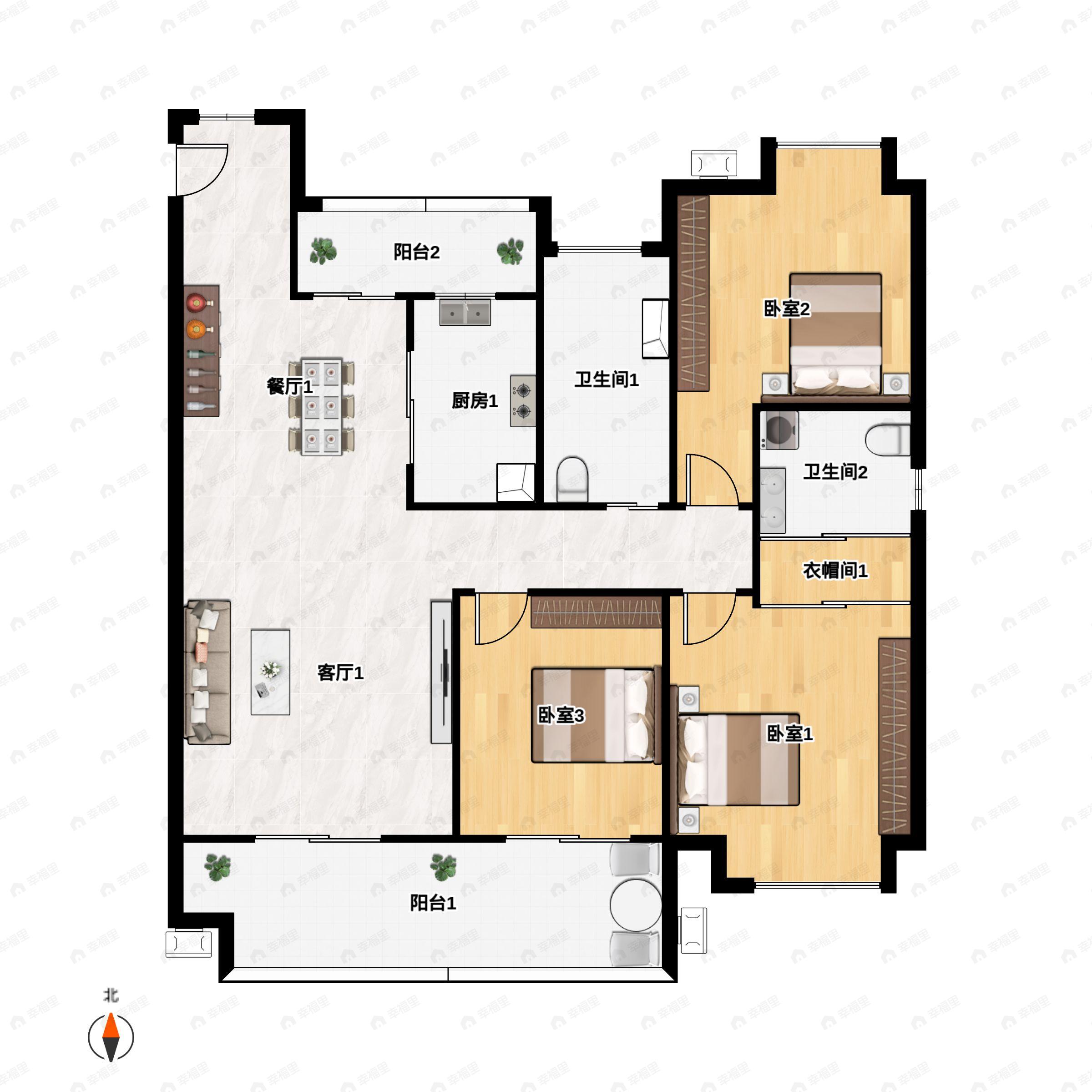 3室2厅2卫建面128平南|北户型图