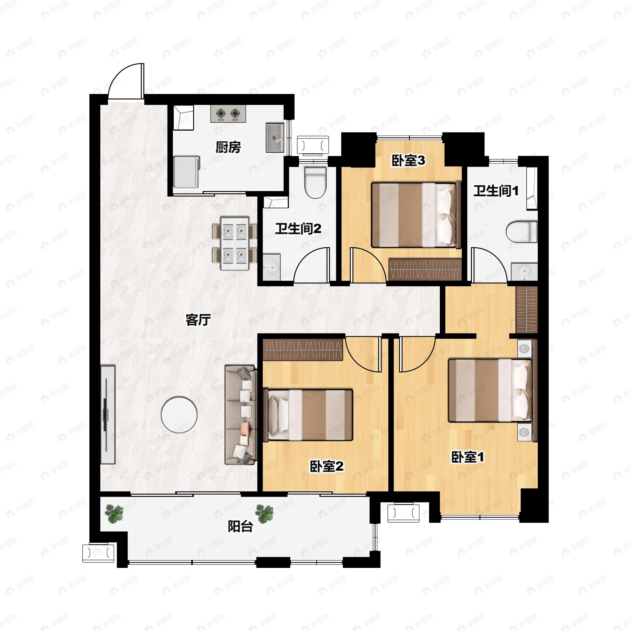 3室2厅2卫建面122平户型图