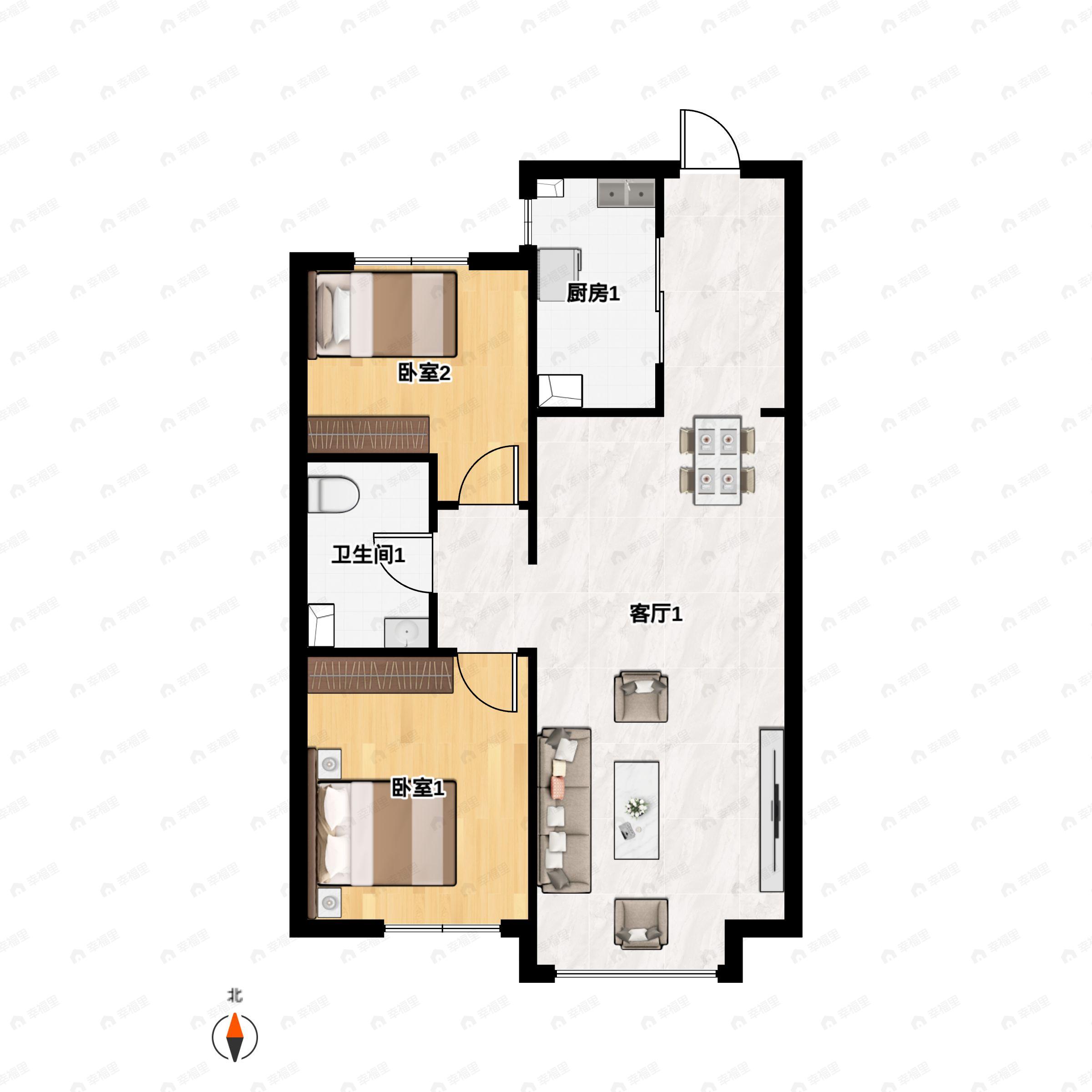 2室2厅1卫建面77m²南户型图