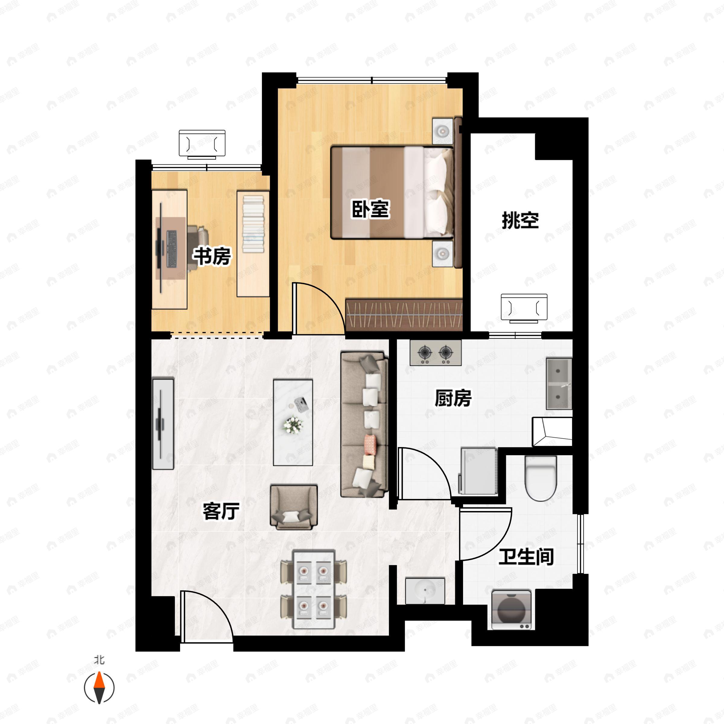 1室1厅1卫建面57m²南户型图