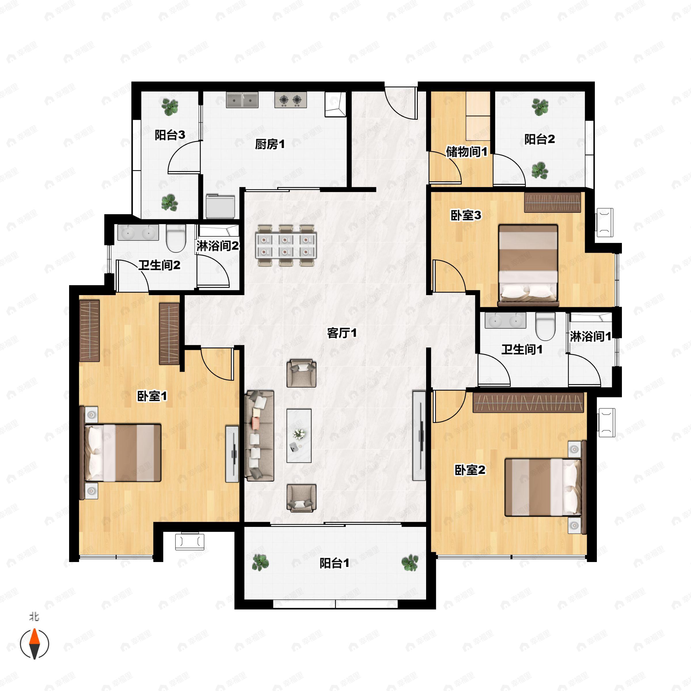 4室2厅2卫建面134平南户型图